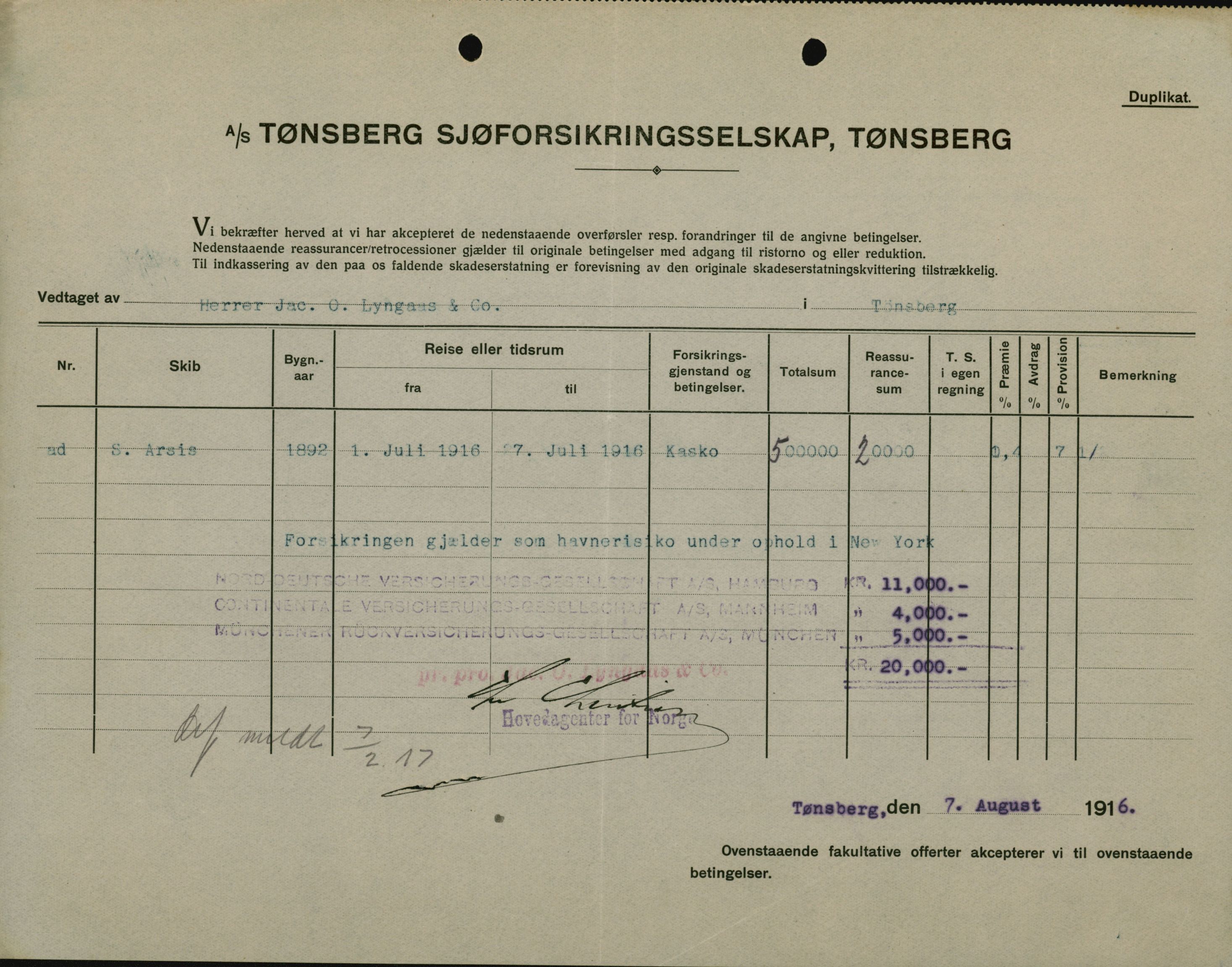 Pa 664 - Tønsberg Sjøforsikringsselskap, VEMU/A-1773/F/L0001: Forsikringspoliser, 1915-1918