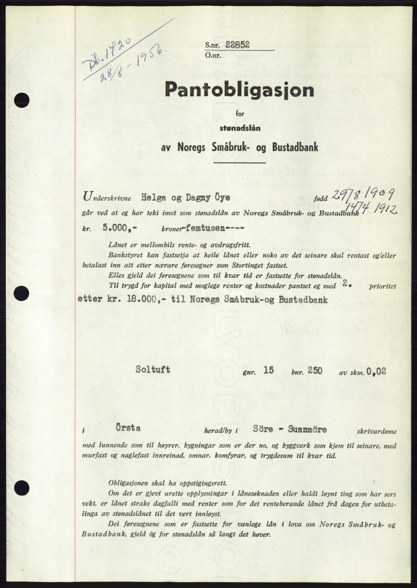 Søre Sunnmøre sorenskriveri, SAT/A-4122/1/2/2C/L0128: Pantebok nr. 16B, 1956-1956, Dagboknr: 1720/1956
