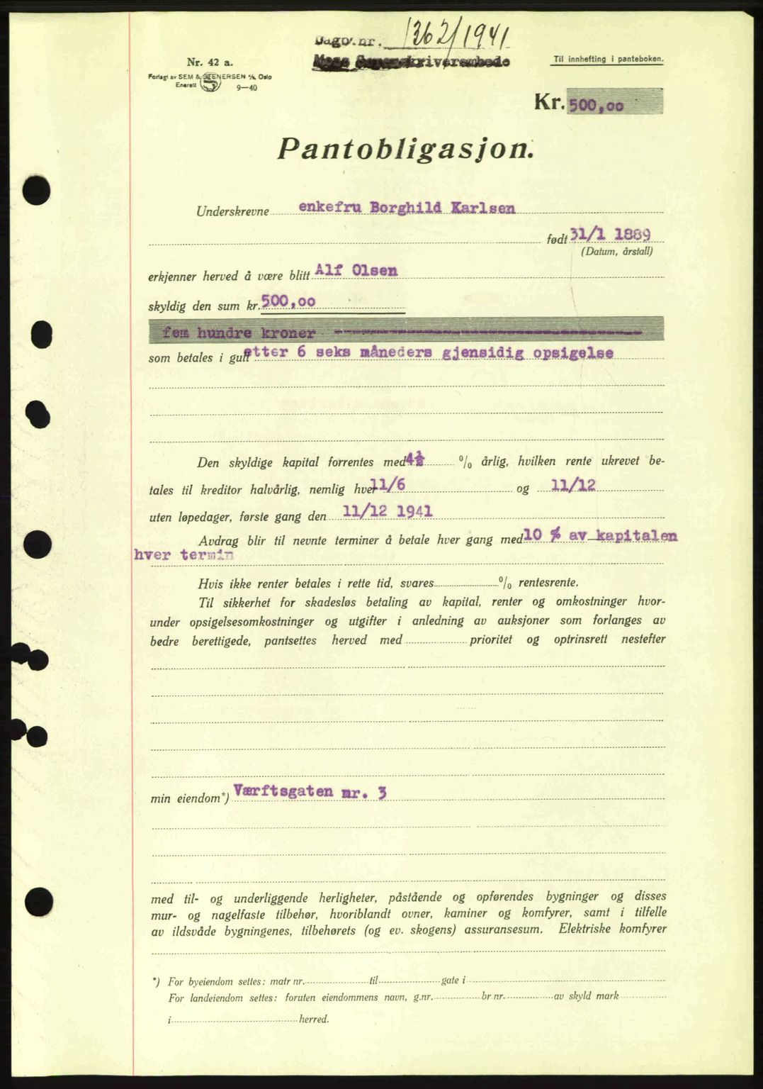 Moss sorenskriveri, AV/SAO-A-10168: Pantebok nr. B11, 1941-1942, Dagboknr: 1362/1941