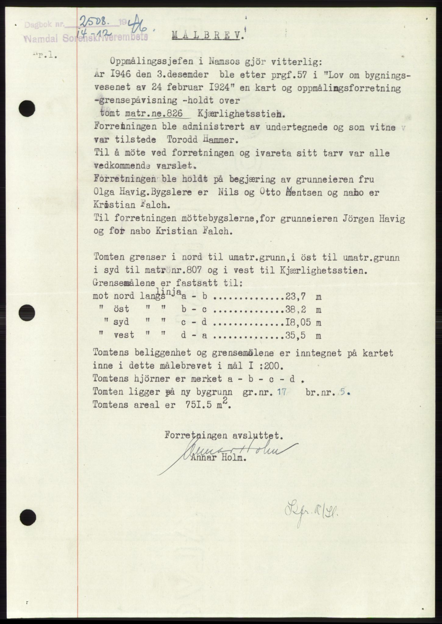 Namdal sorenskriveri, SAT/A-4133/1/2/2C: Pantebok nr. -, 1946-1947, Dagboknr: 2508/1946
