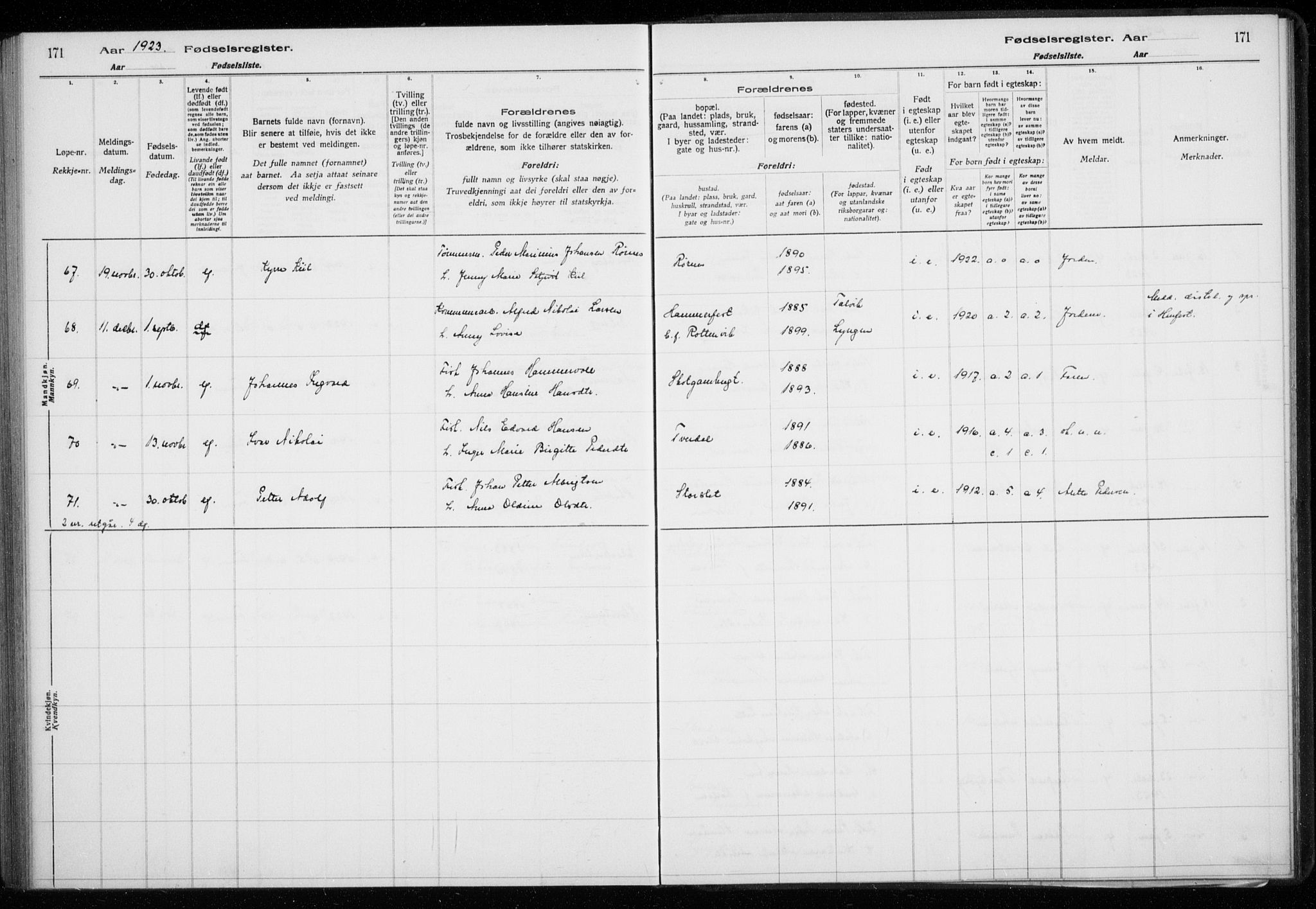 Lyngen sokneprestembete, AV/SATØ-S-1289/I/Ia/L0075: Fødselsregister nr. 75, 1916-1924, s. 171