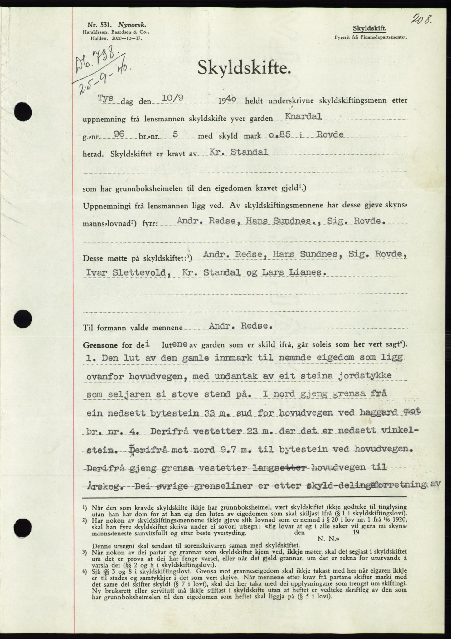 Søre Sunnmøre sorenskriveri, SAT/A-4122/1/2/2C/L0070: Pantebok nr. 64, 1940-1941, Dagboknr: 738/1940
