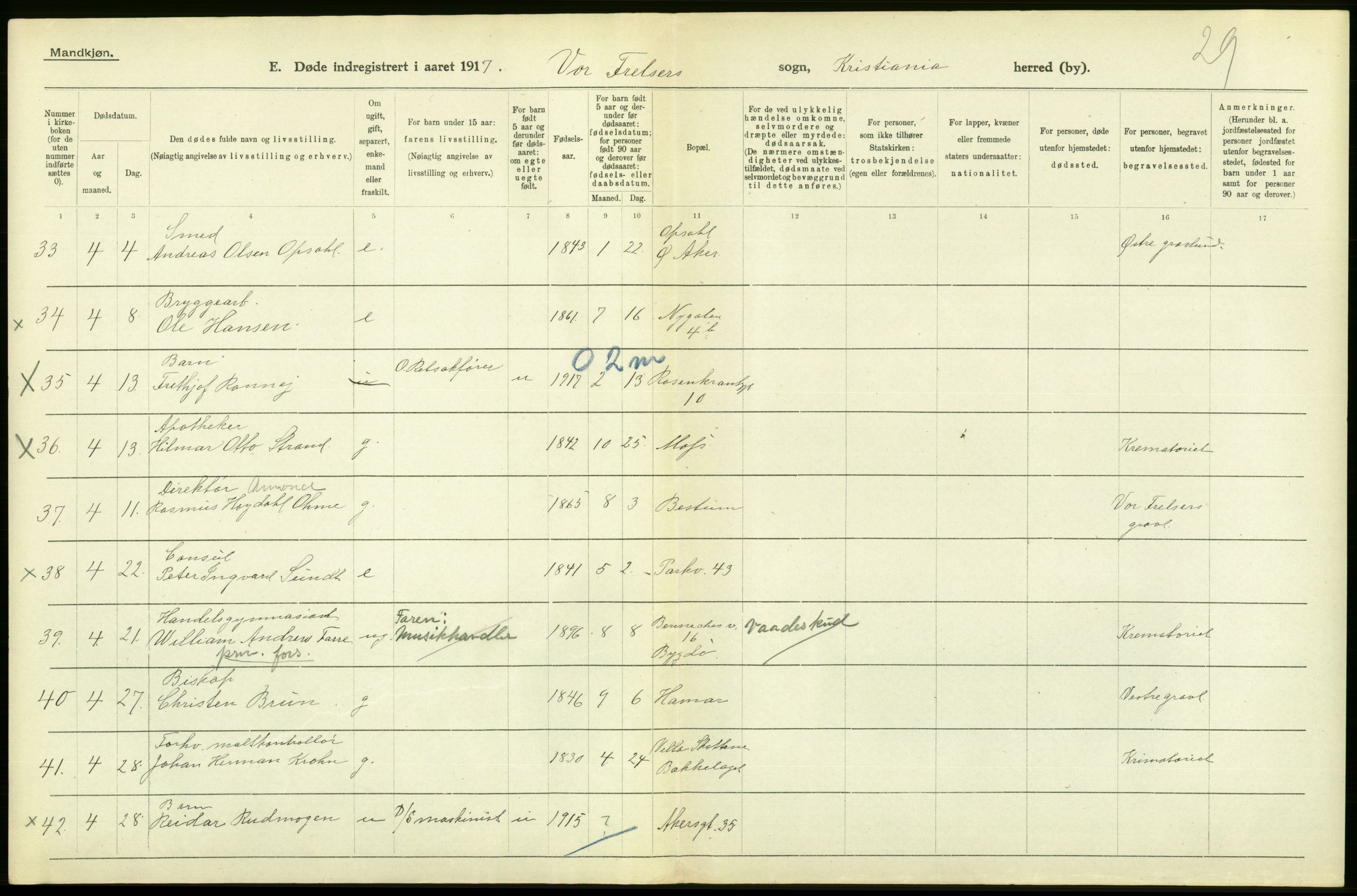 Statistisk sentralbyrå, Sosiodemografiske emner, Befolkning, AV/RA-S-2228/D/Df/Dfb/Dfbg/L0010: Kristiania: Døde, 1917, s. 516