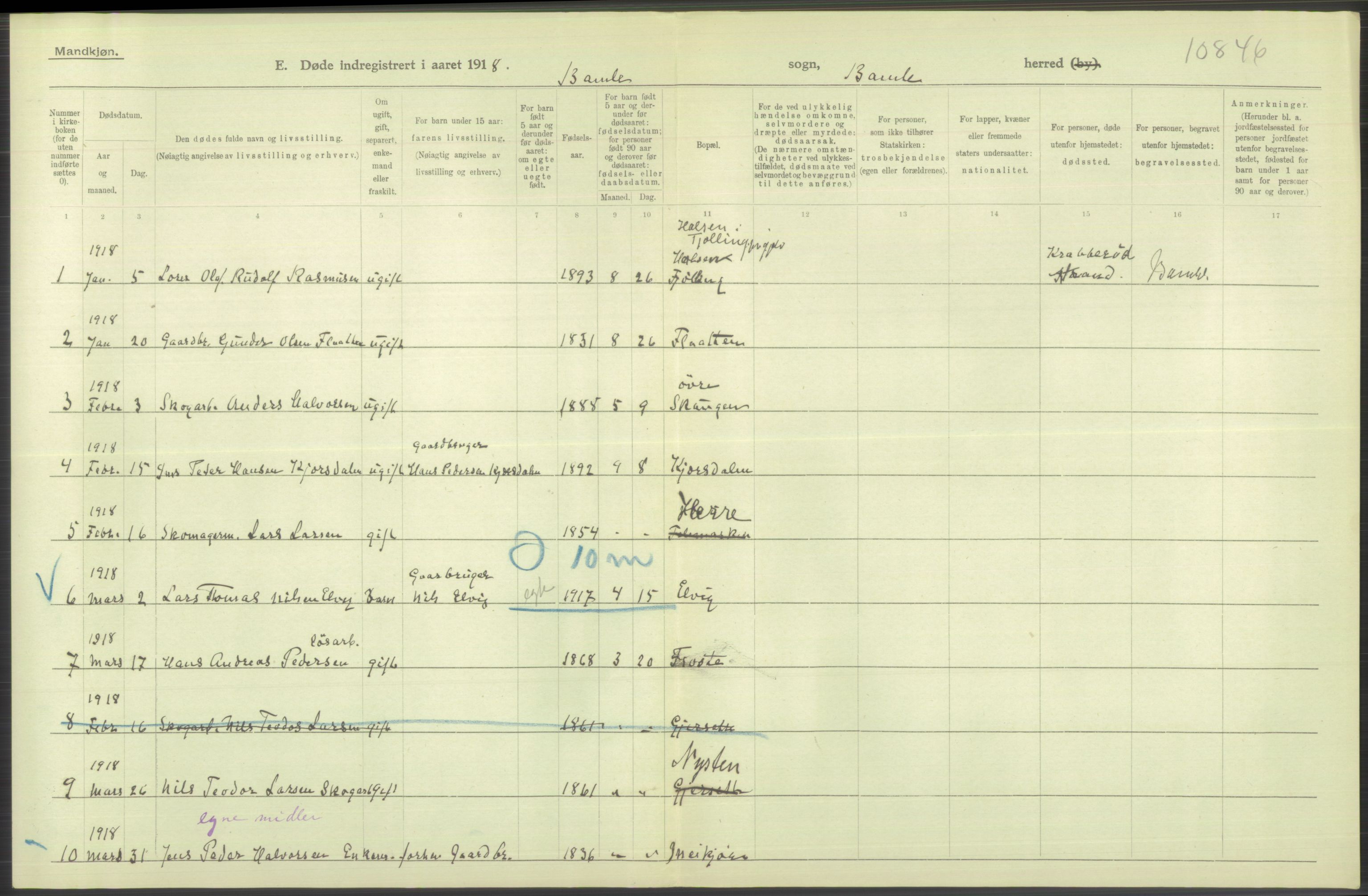 Statistisk sentralbyrå, Sosiodemografiske emner, Befolkning, RA/S-2228/D/Df/Dfb/Dfbh/L0026: Telemark fylke: Døde. Bygder og byer., 1918, s. 370