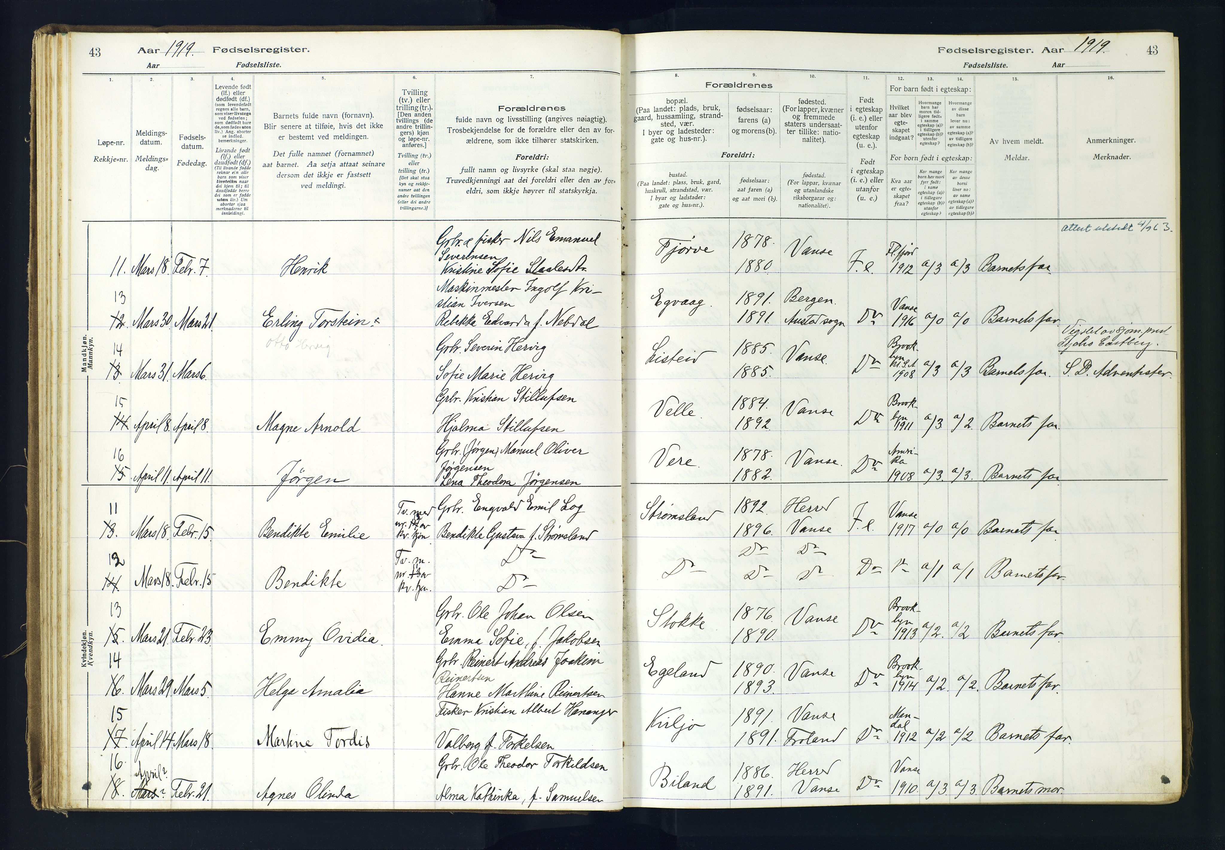 Lista sokneprestkontor, AV/SAK-1111-0027/J/Ja/L0001: Fødselsregister nr. A-VI-30, 1916-1934, s. 43