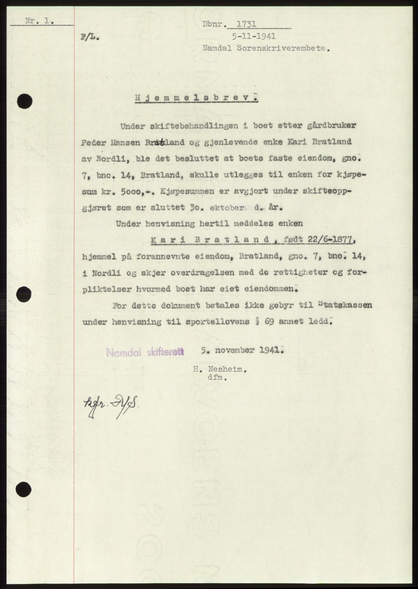 Namdal sorenskriveri, SAT/A-4133/1/2/2C: Pantebok nr. -, 1941-1942, Dagboknr: 1731/1941