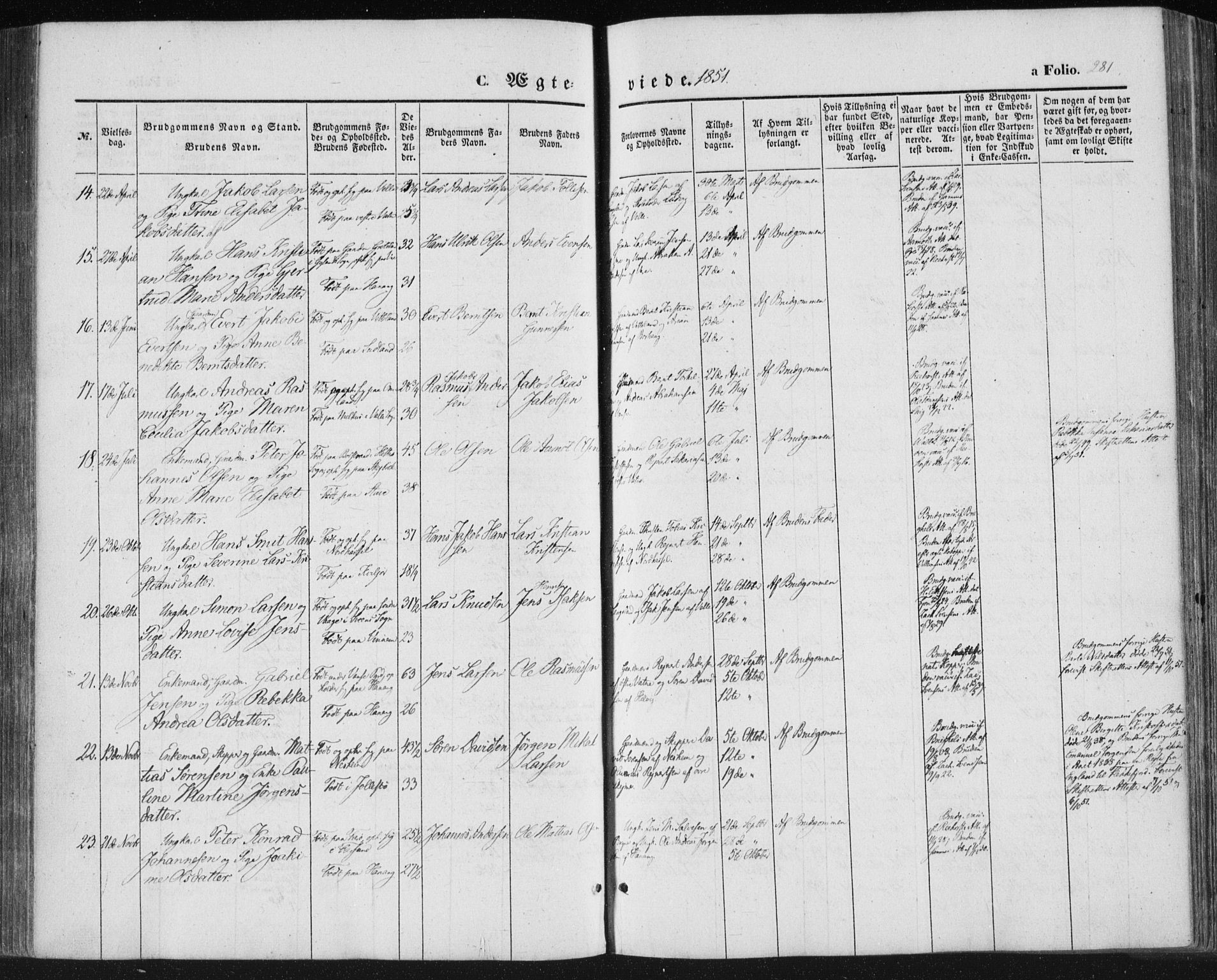 Lista sokneprestkontor, SAK/1111-0027/F/Fa/L0010: Ministerialbok nr. A 10, 1846-1861, s. 281