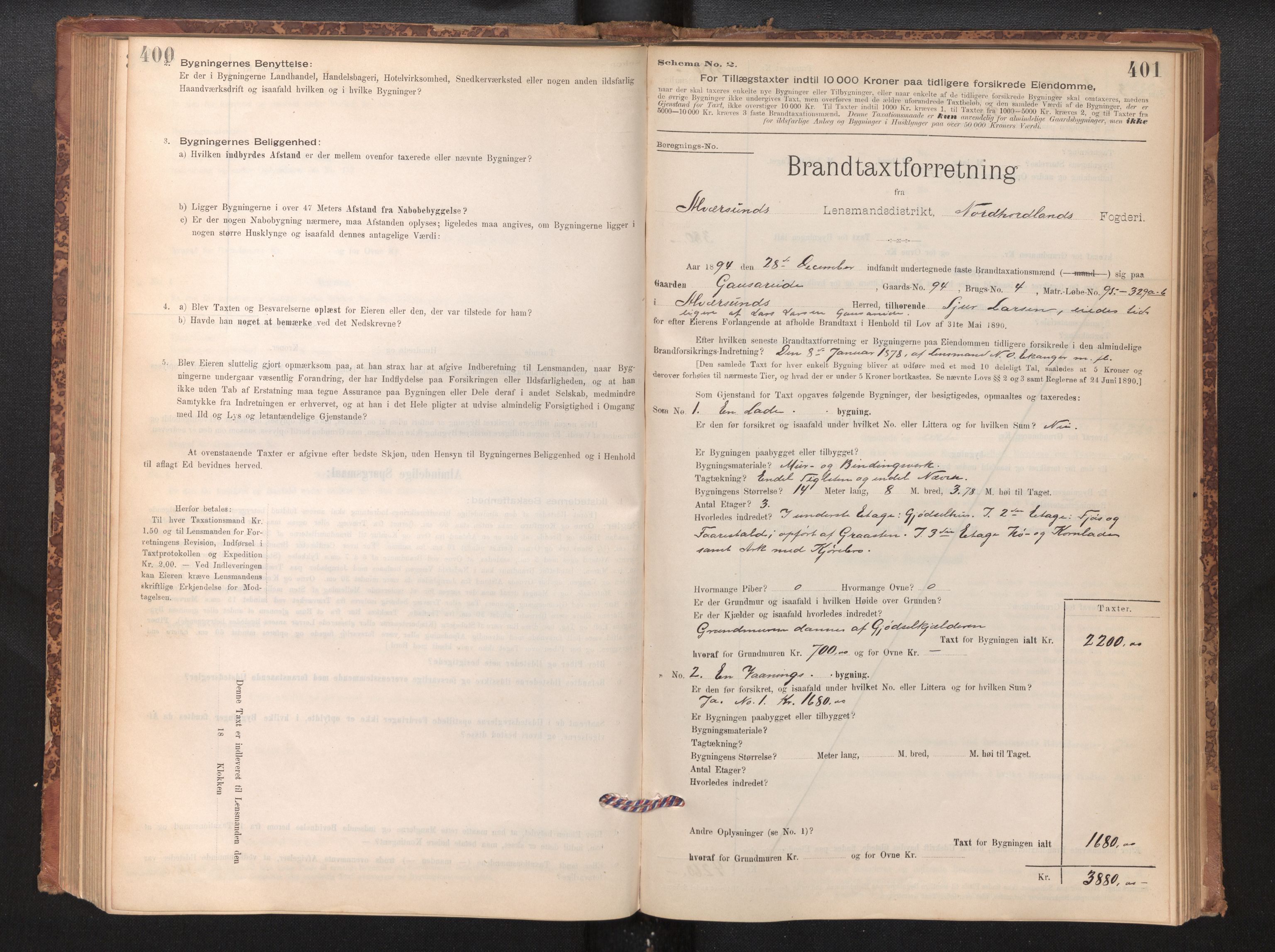 Lensmannen i Alversund, SAB/A-30701/0012/L0004: Branntakstprotokoll, skjematakst, 1894-1953, s. 400-401