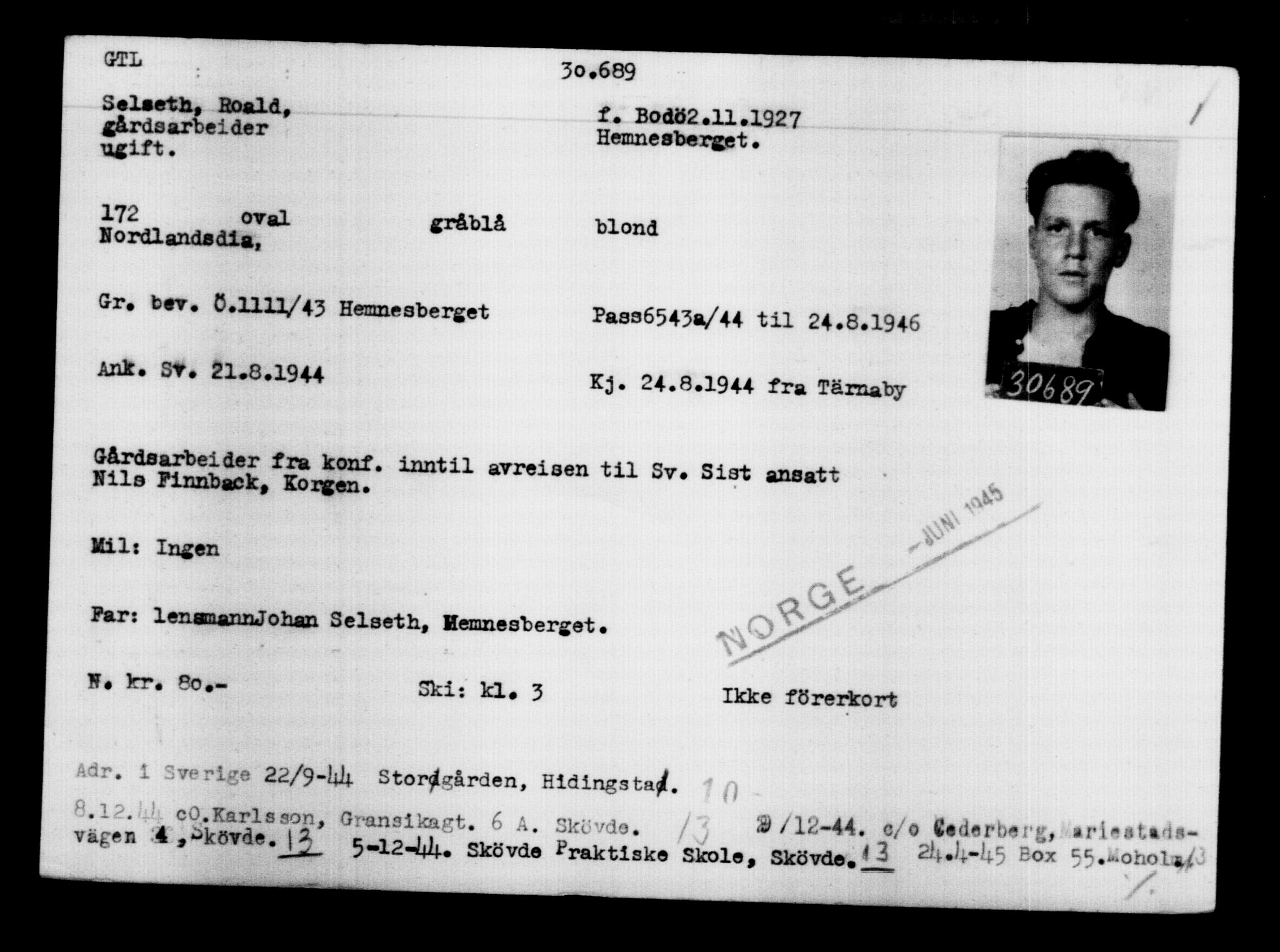 Utenriksstasjonene, Legasjonen i Stockholm, Flyktningkontoret, AV/RA-S-6753/V/Va/L0012: Kjesäterkartoteket, flyktninger med registreringsnr. 28300-31566, 1940-1945, s. 2602