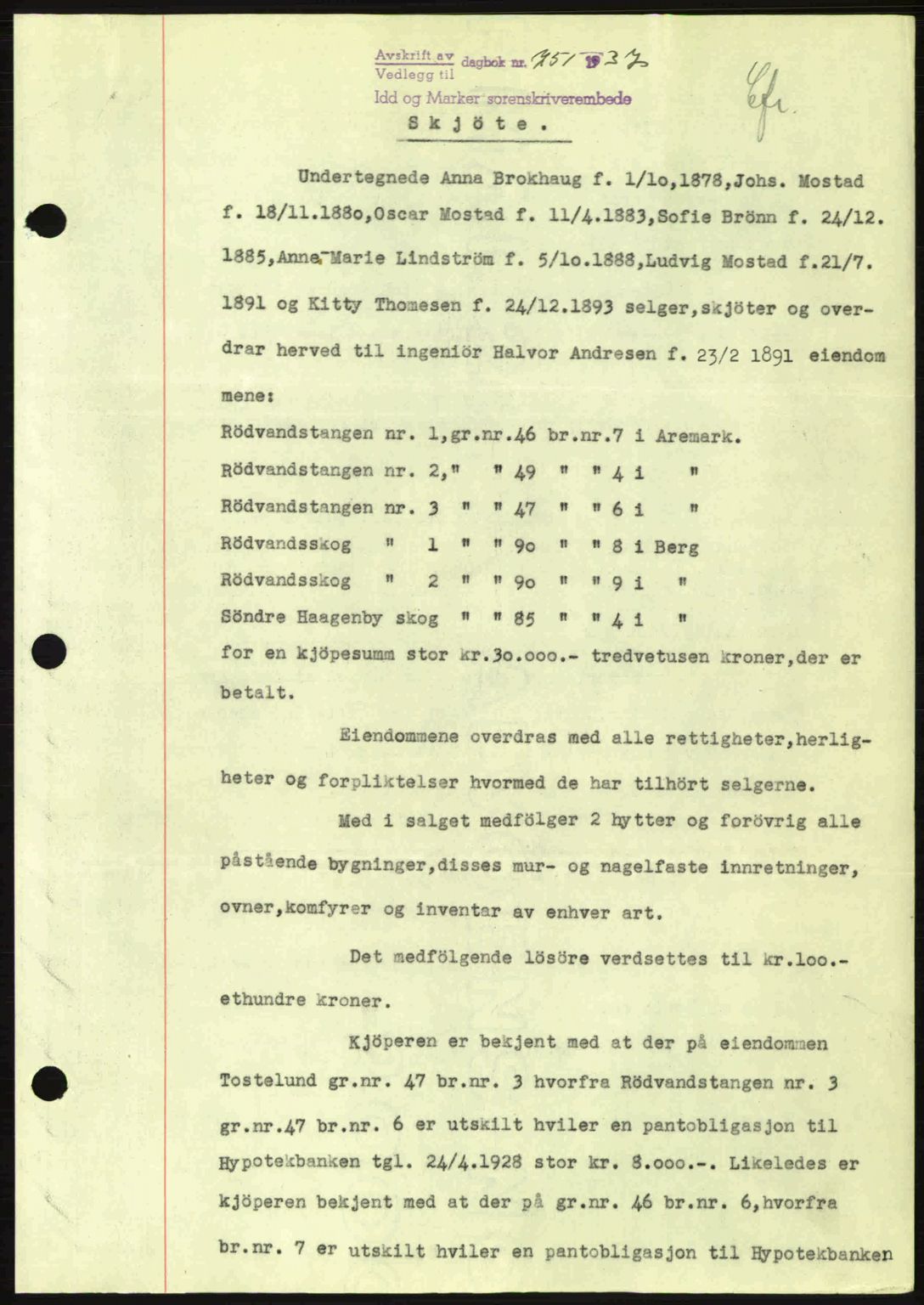 Idd og Marker sorenskriveri, AV/SAO-A-10283/G/Gb/Gbb/L0002: Pantebok nr. A2, 1937-1938, Dagboknr: 751/1937