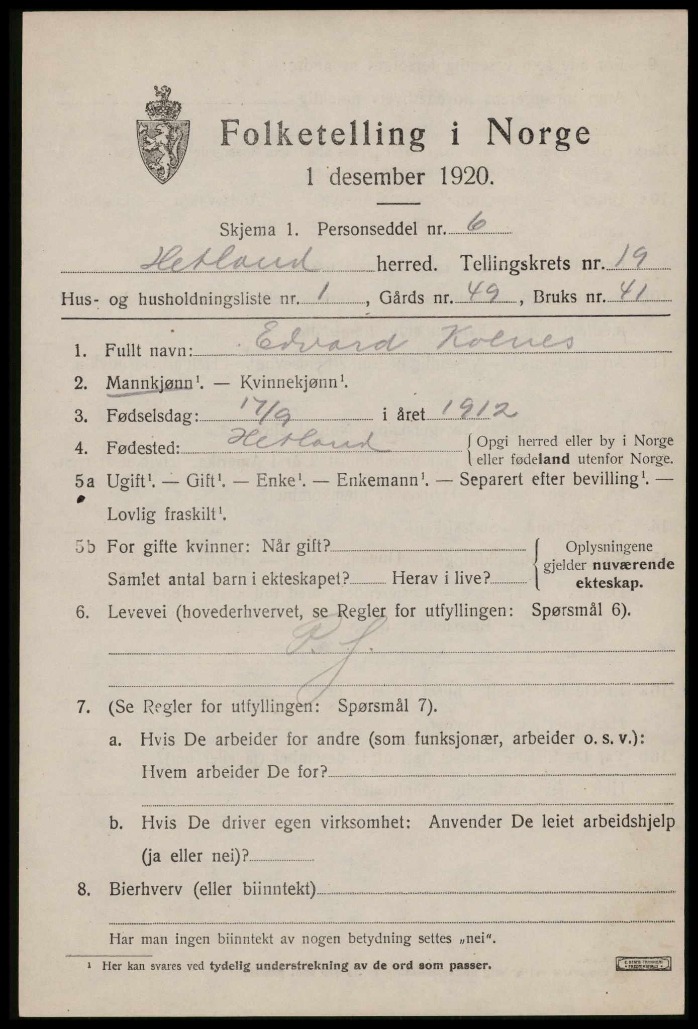 SAST, Folketelling 1920 for 1126 Hetland herred, 1920, s. 25705