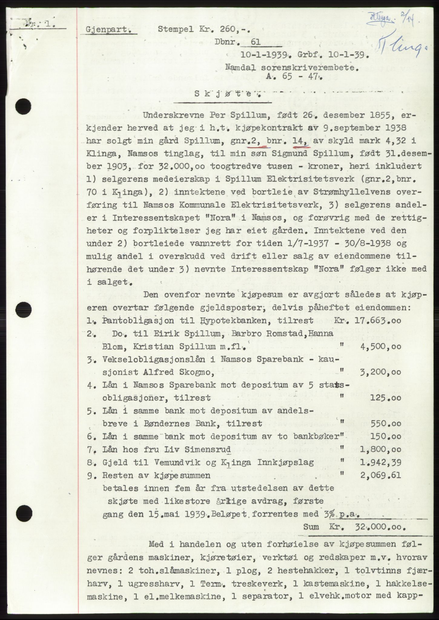 Namdal sorenskriveri, SAT/A-4133/1/2/2C: Pantebok nr. -, 1937-1939, Tingl.dato: 10.01.1939