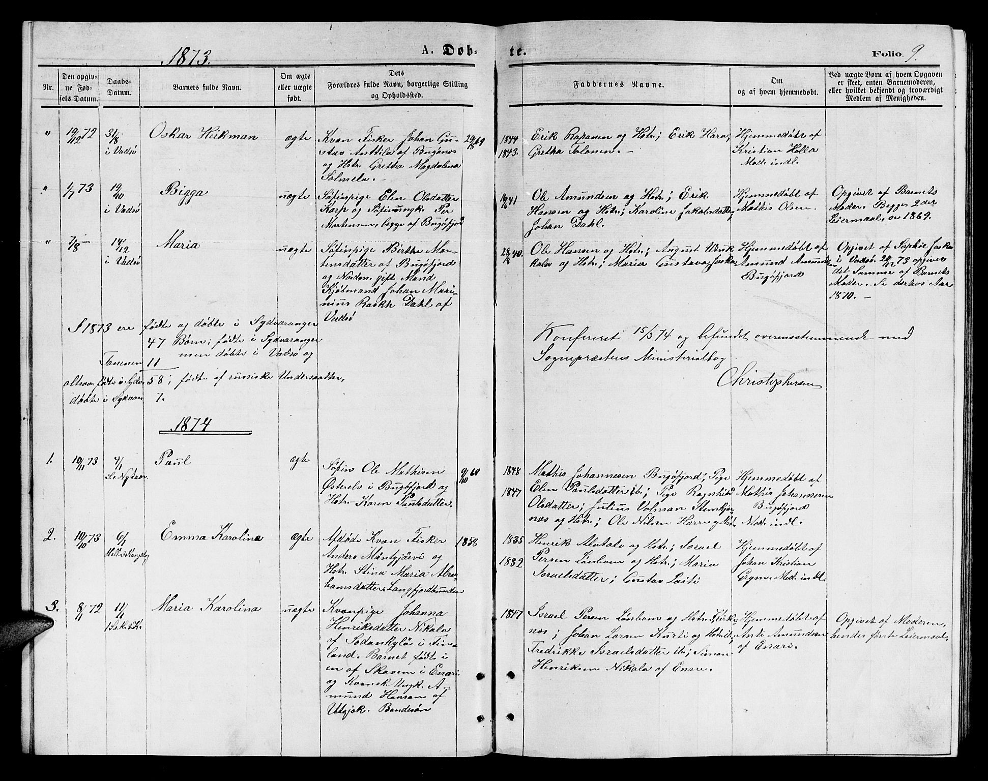 Sør-Varanger sokneprestkontor, AV/SATØ-S-1331/H/Hb/L0002klokker: Klokkerbok nr. 2, 1873-1877, s. 9