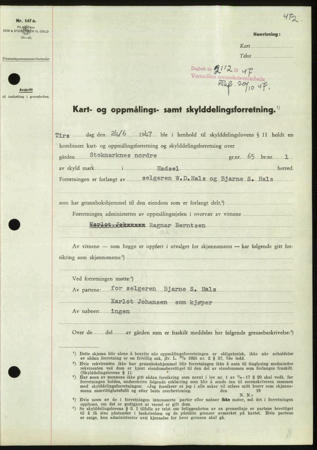 Vesterålen sorenskriveri, SAT/A-4180/1/2/2Ca: Pantebok nr. A21, 1947-1947, Dagboknr: 2112/1947