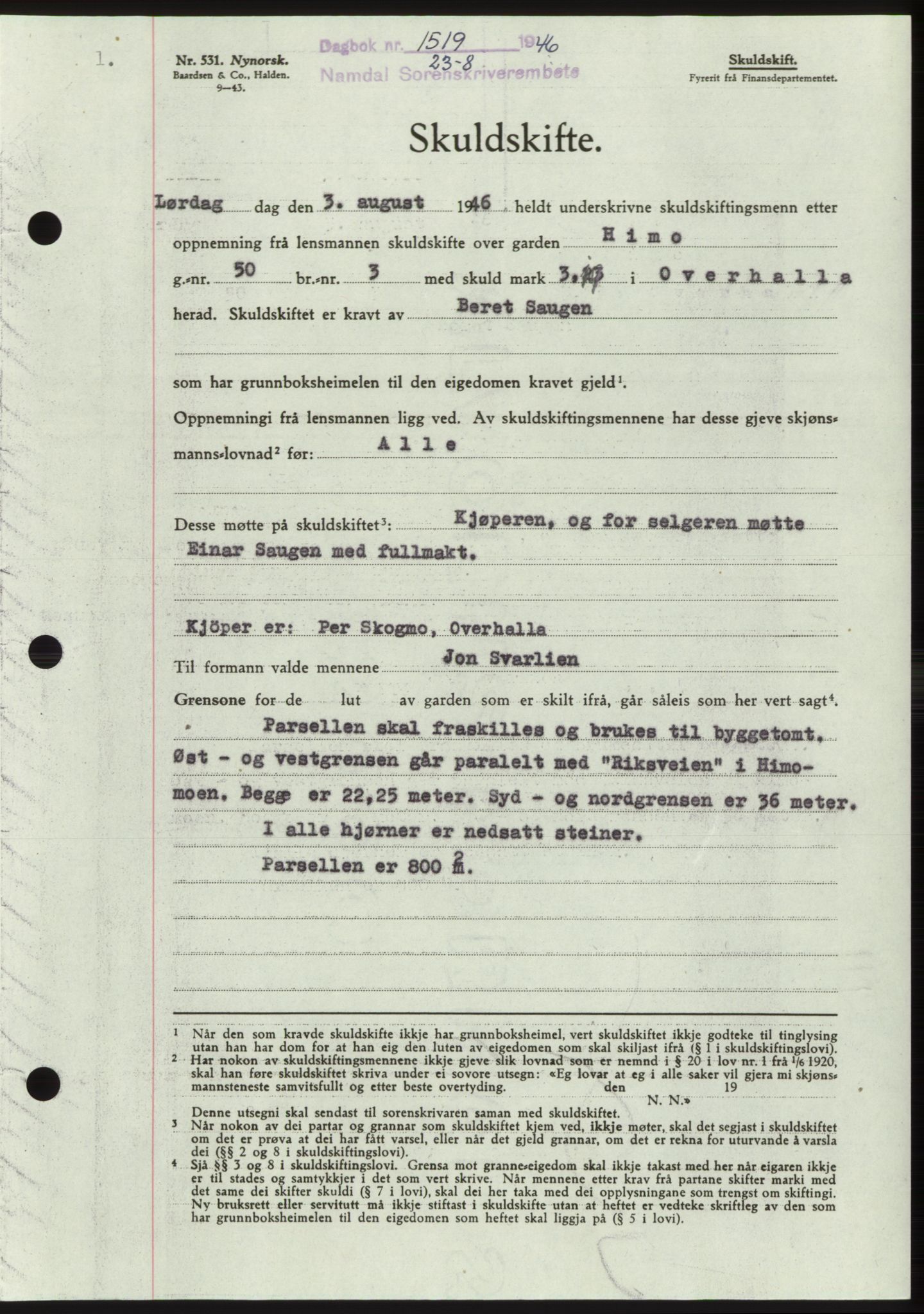 Namdal sorenskriveri, SAT/A-4133/1/2/2C: Pantebok nr. -, 1946-1946, Dagboknr: 1519/1946