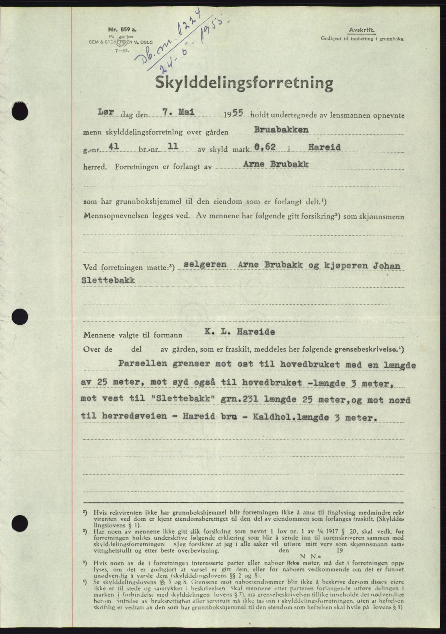 Søre Sunnmøre sorenskriveri, AV/SAT-A-4122/1/2/2C/L0101: Pantebok nr. 27A, 1955-1955, Dagboknr: 1224/1955