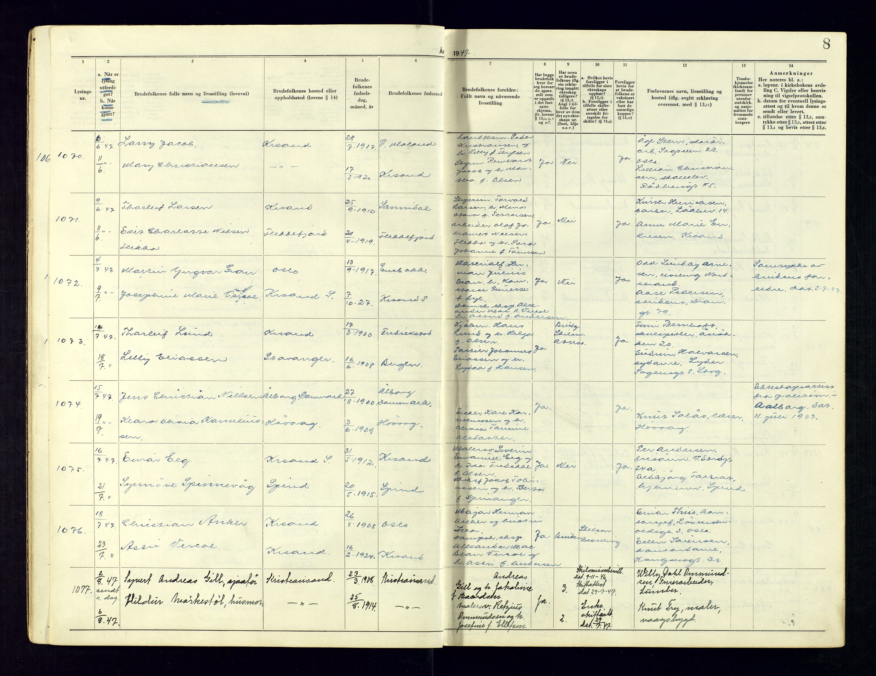 Kristiansand byrett - 2, AV/SAK-1223-0002/I/Ib/L0149/0004: Vigselbøker og lysningsbøker / Lysningsbok, 1946-1961, s. 8