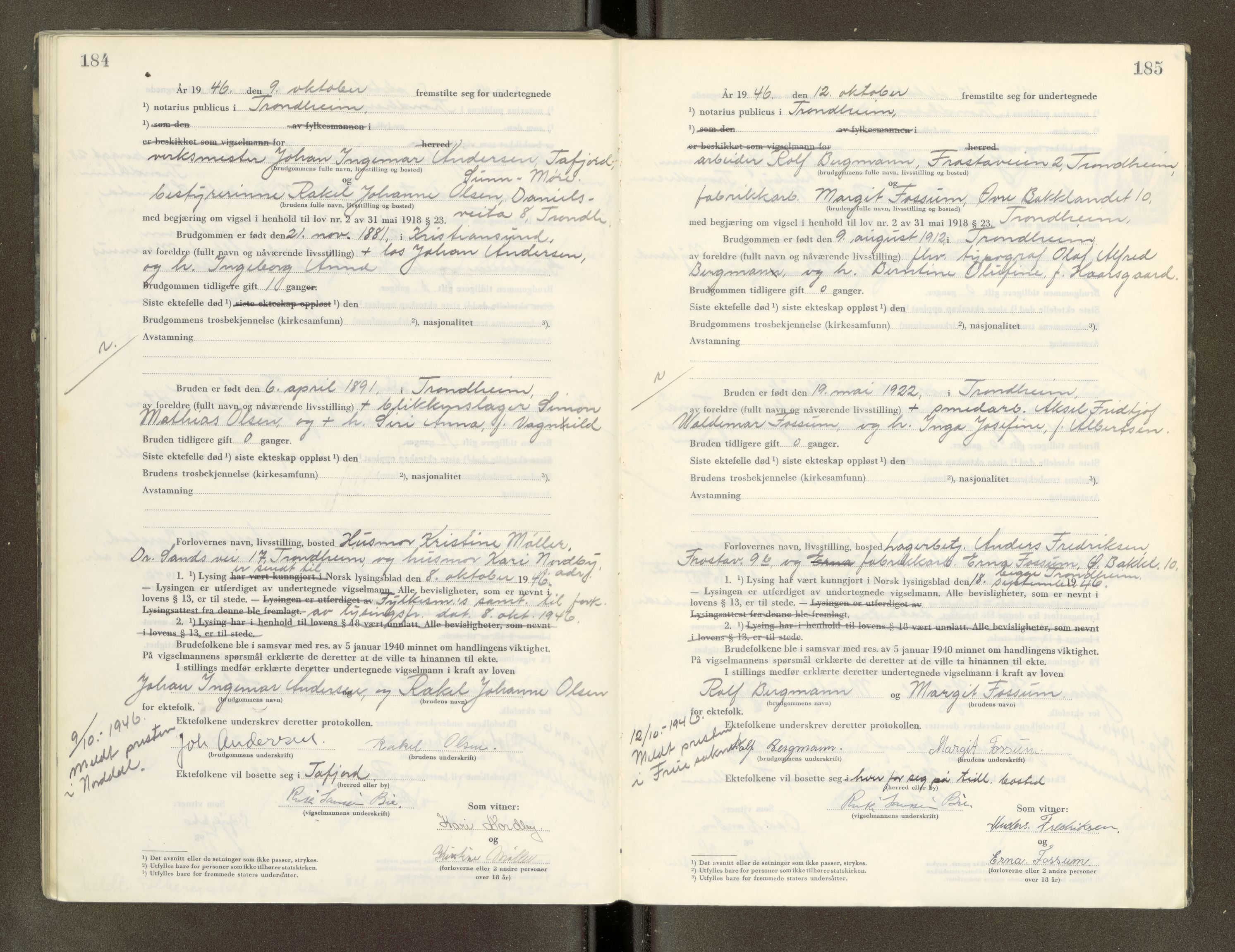 Trondheim byfogd, AV/SAT-A-0003/1/6/6D/L0005: Vigselbøker, 1944-1948, s. 184-185