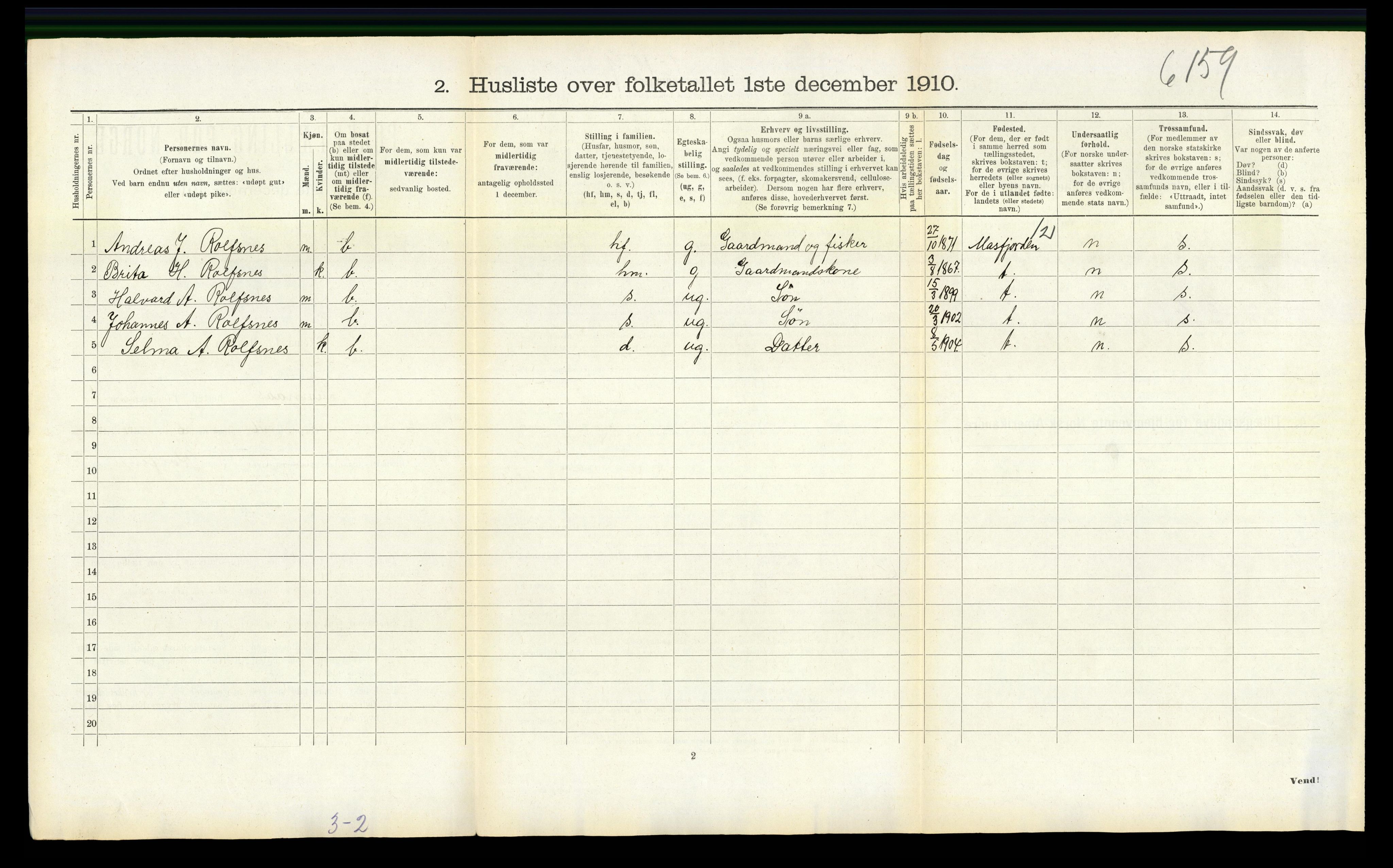 RA, Folketelling 1910 for 1218 Finnås herred, 1910, s. 139