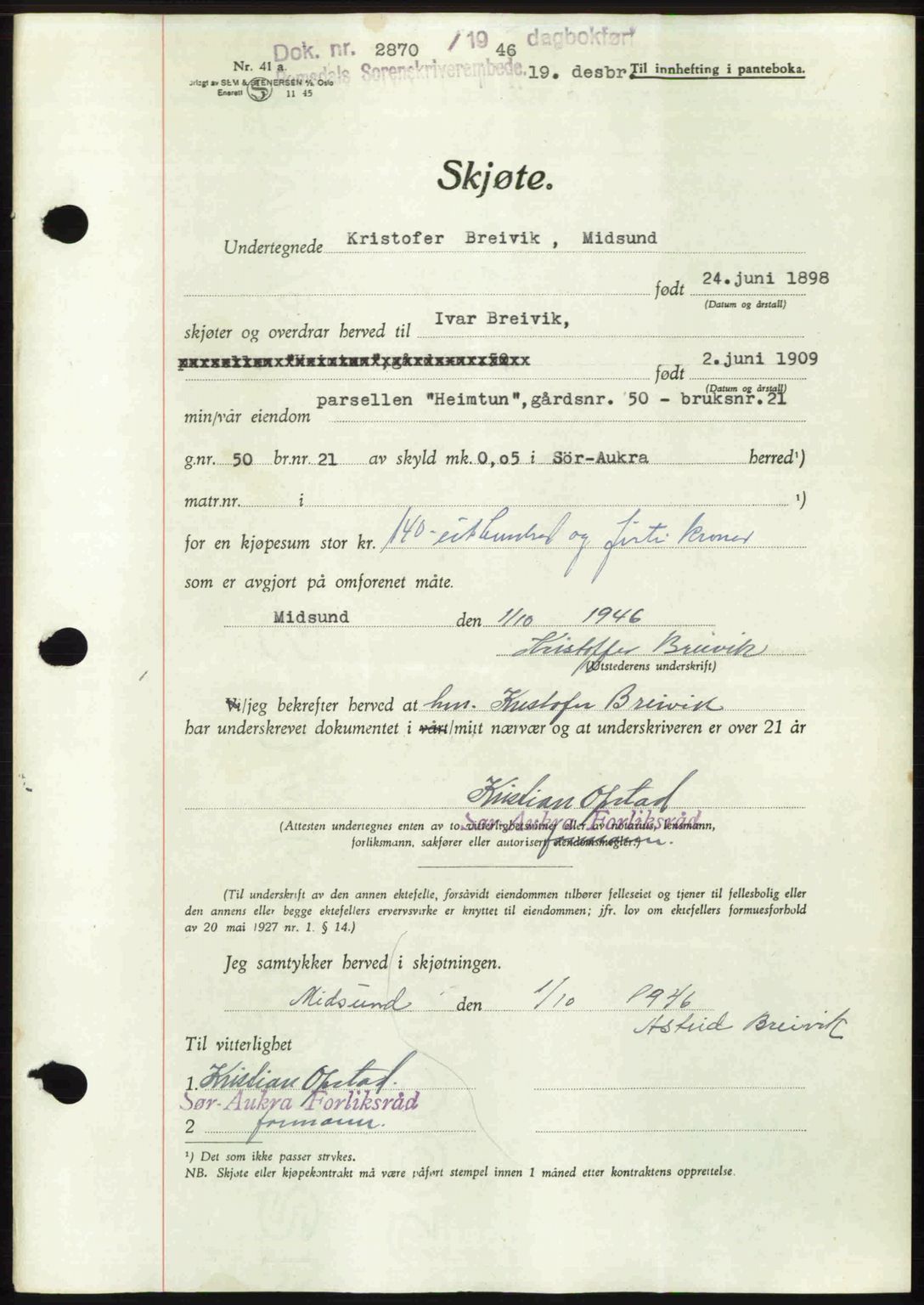 Romsdal sorenskriveri, AV/SAT-A-4149/1/2/2C: Pantebok nr. A21, 1946-1946, Dagboknr: 2870/1946