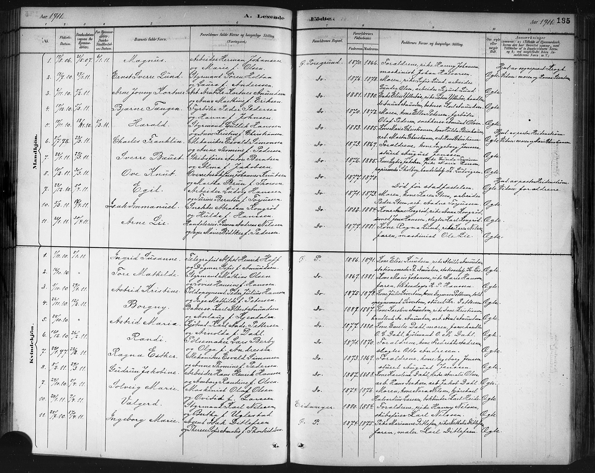 Porsgrunn kirkebøker , AV/SAKO-A-104/G/Gb/L0005: Klokkerbok nr. II 5, 1883-1915, s. 185