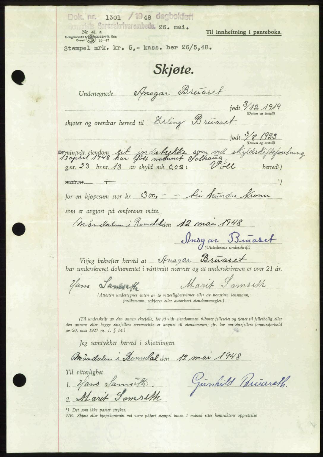 Romsdal sorenskriveri, SAT/A-4149/1/2/2C: Pantebok nr. A26, 1948-1948, Dagboknr: 1301/1948