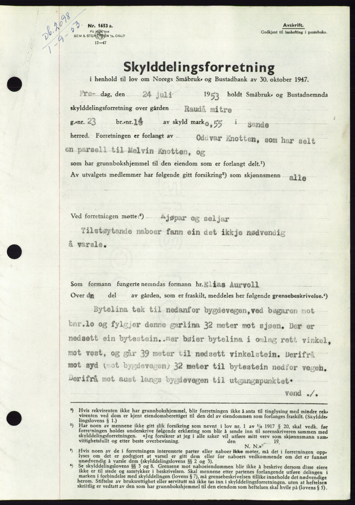 Søre Sunnmøre sorenskriveri, AV/SAT-A-4122/1/2/2C/L0095: Pantebok nr. 21A, 1953-1953, Dagboknr: 2098/1953