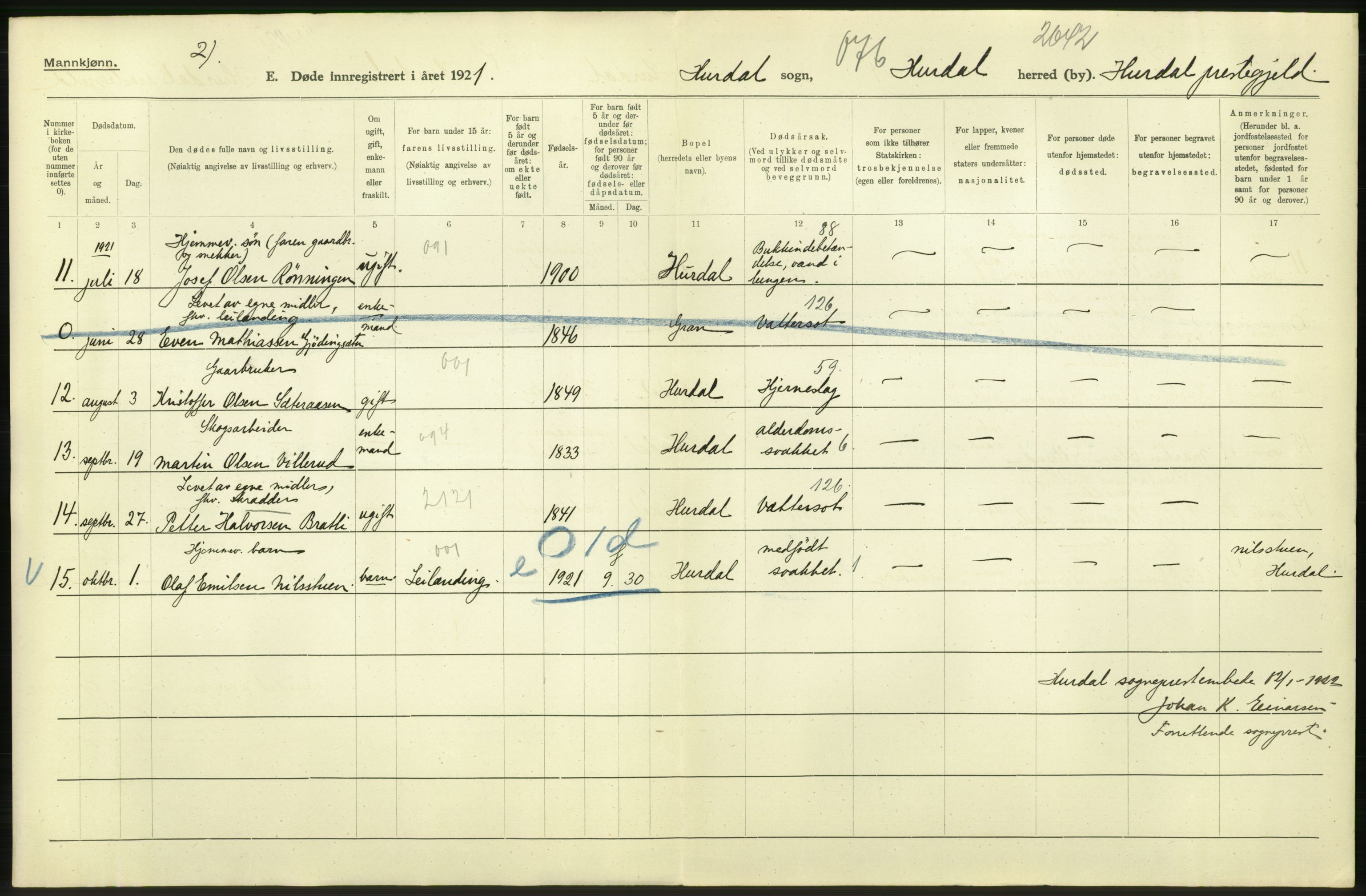 Statistisk sentralbyrå, Sosiodemografiske emner, Befolkning, RA/S-2228/D/Df/Dfc/Dfca/L0007: Akershus fylke: Døde. Bygder og byer., 1921, s. 498