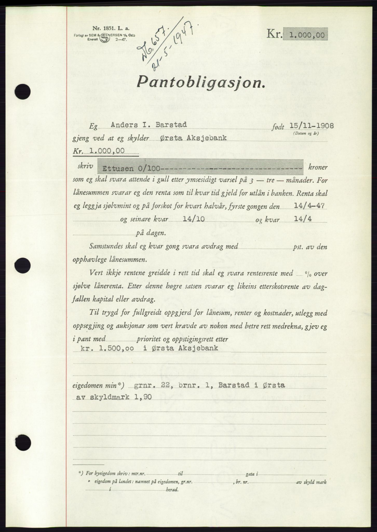 Søre Sunnmøre sorenskriveri, AV/SAT-A-4122/1/2/2C/L0114: Pantebok nr. 1-2B, 1943-1947, Dagboknr: 657/1947