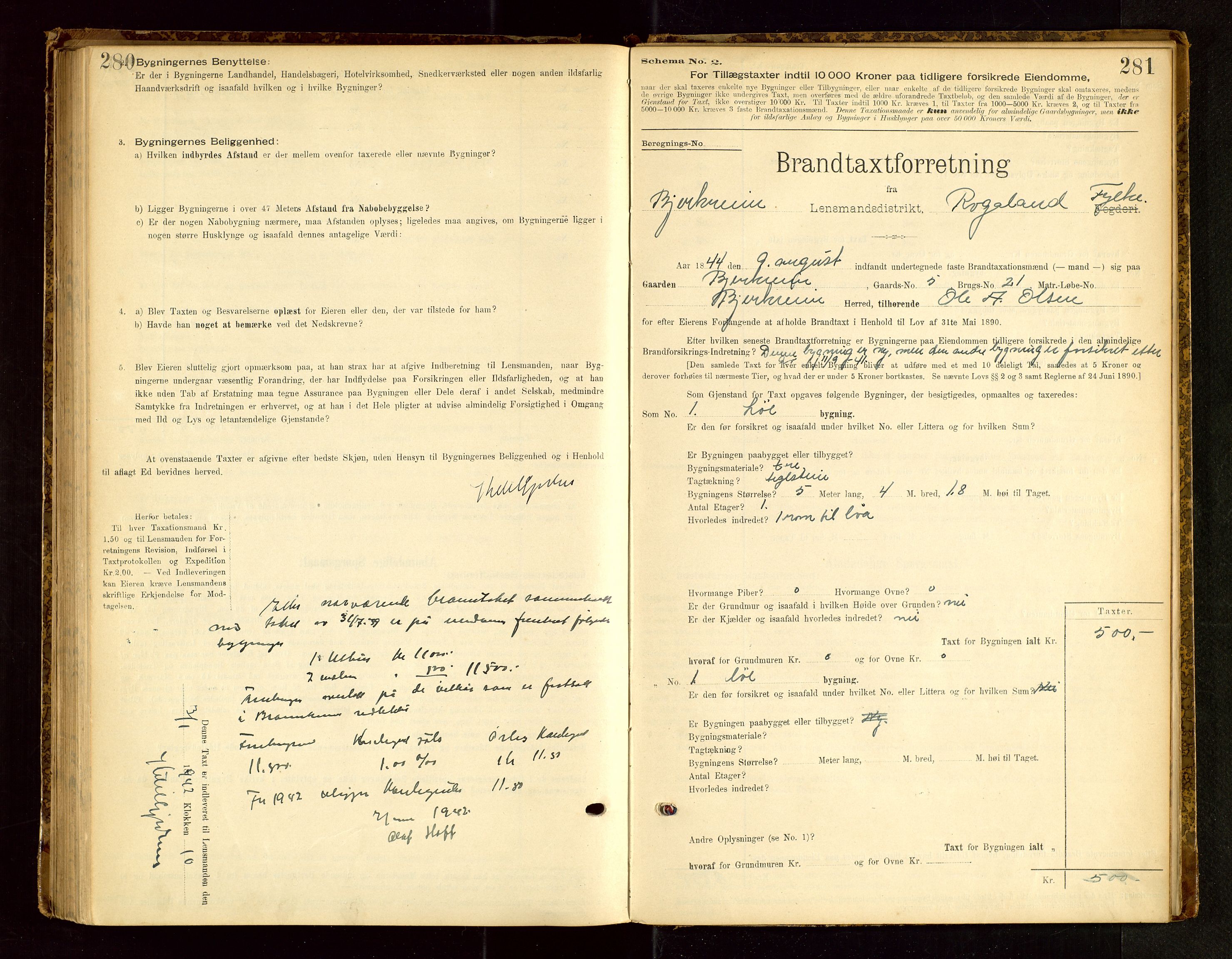 Bjerkreim lensmannskontor, SAST/A-100090/Gob/L0001: "Brandtaxationsprotokol", 1895-1950, s. 280-281