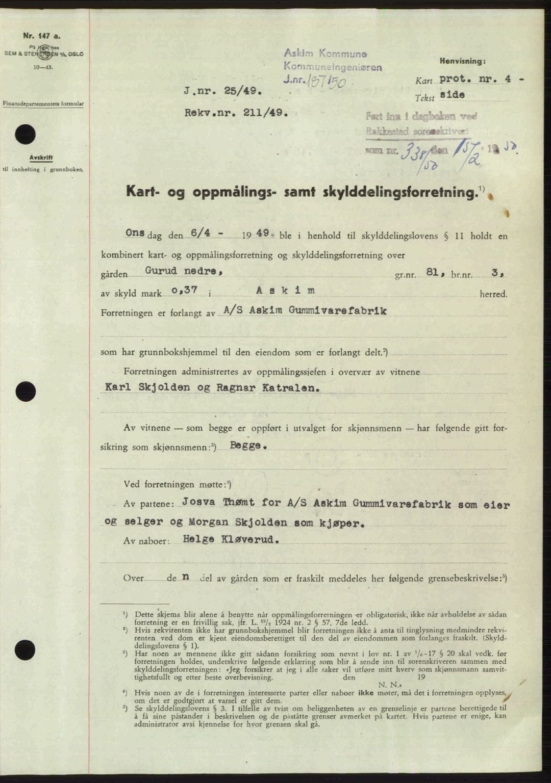 Rakkestad sorenskriveri, SAO/A-10686/G/Gb/Gba/Gbab/L0019: Pantebok nr. A19, 1949-1950, Dagboknr: 338/1950