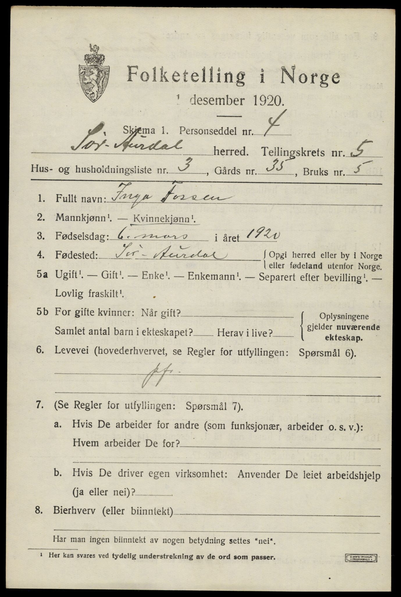 SAH, Folketelling 1920 for 0540 Sør-Aurdal herred, 1920, s. 2769