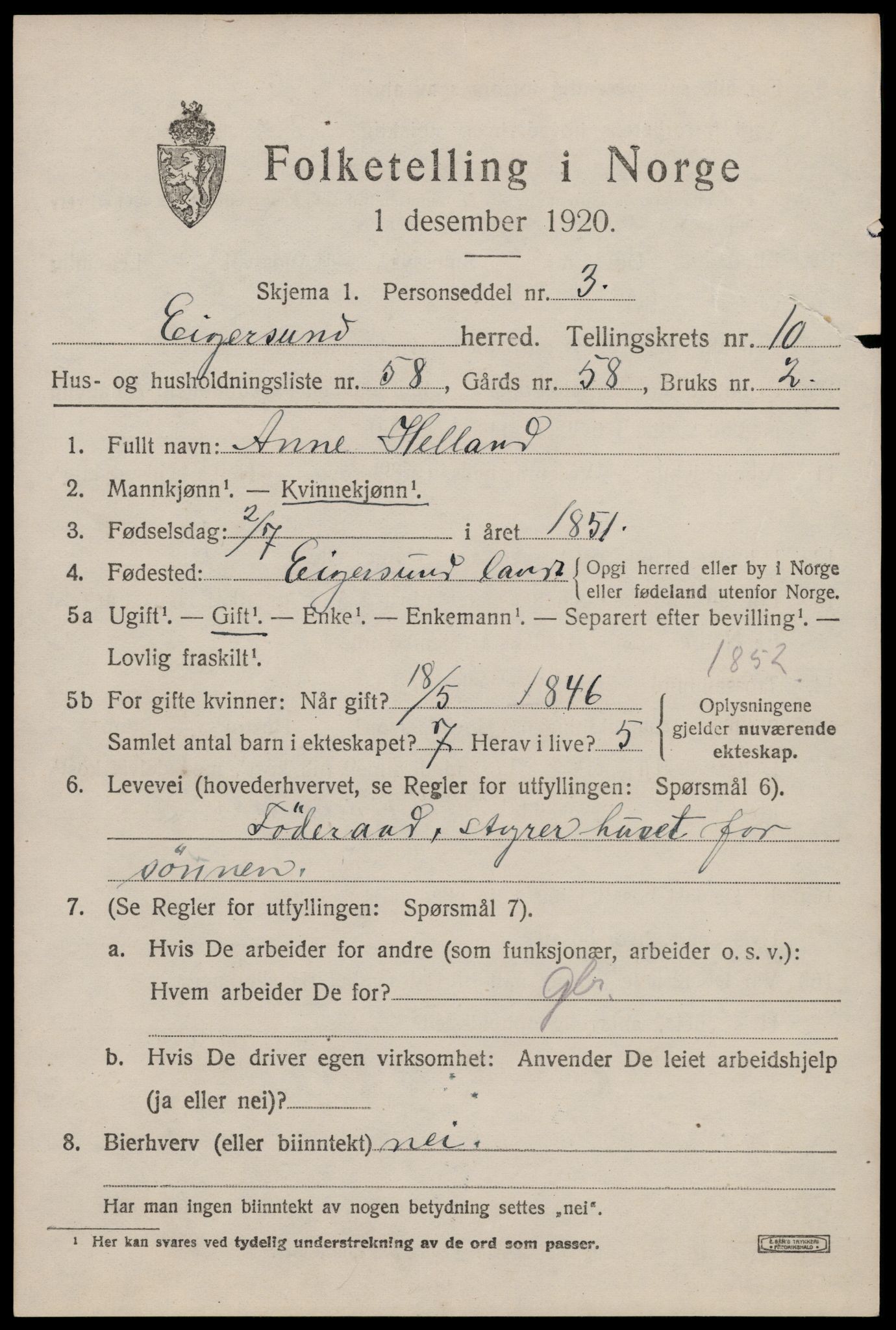 SAST, Folketelling 1920 for 1116 Eigersund herred, 1920, s. 6891