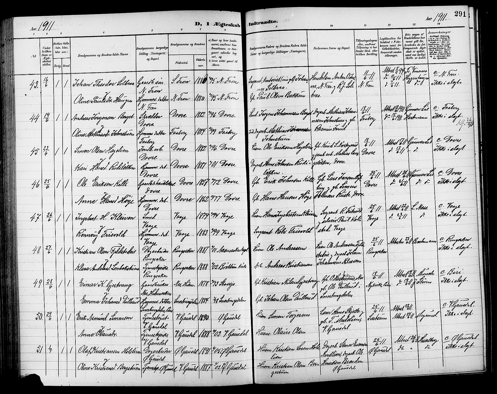 Lillehammer prestekontor, AV/SAH-PREST-088/H/Ha/Hab/L0001: Klokkerbok nr. 1, 1901-1913, s. 291