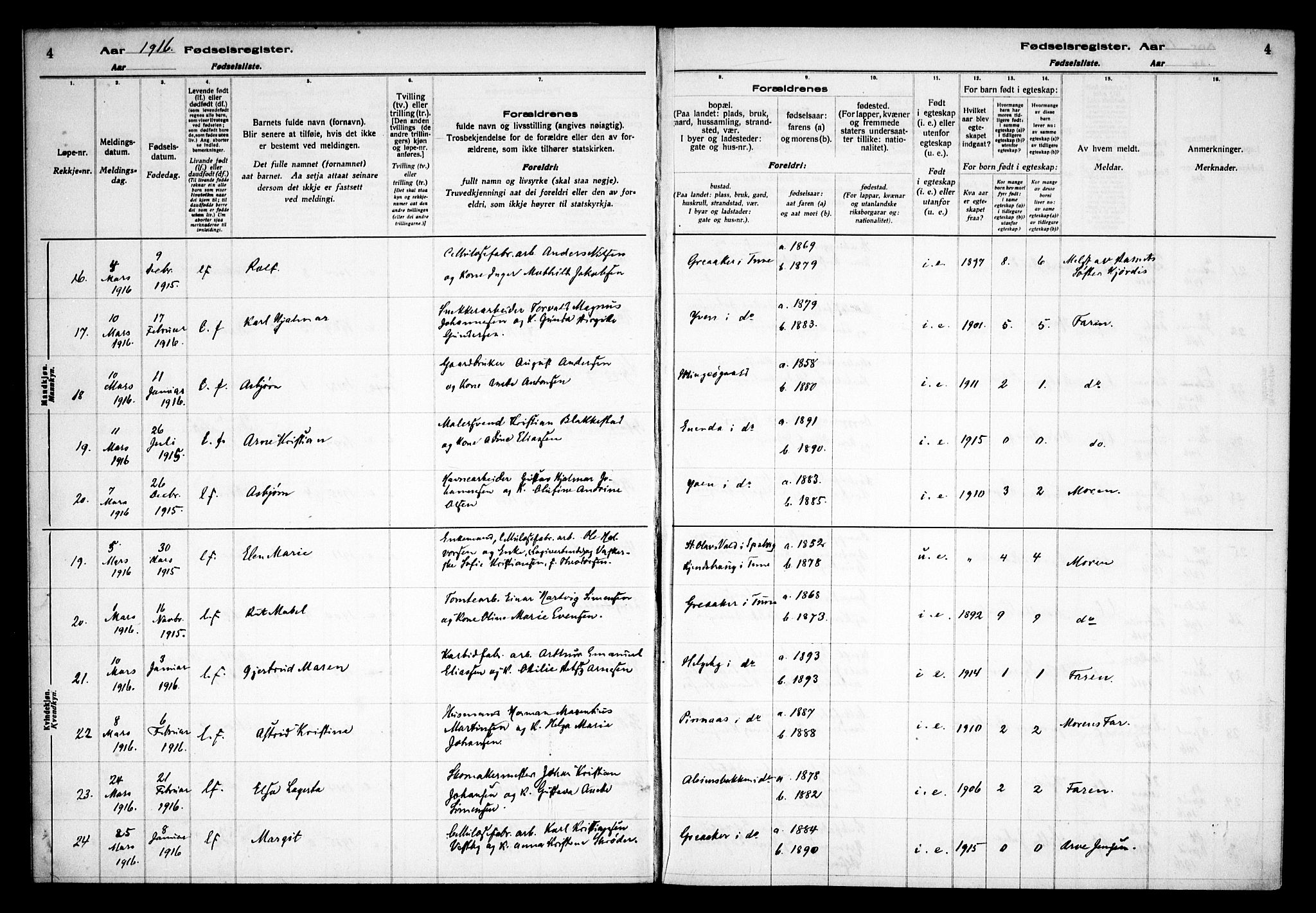 Tune prestekontor Kirkebøker, SAO/A-2007/J/Ja/L0001: Fødselsregister nr. I 1, 1916-1928, s. 4