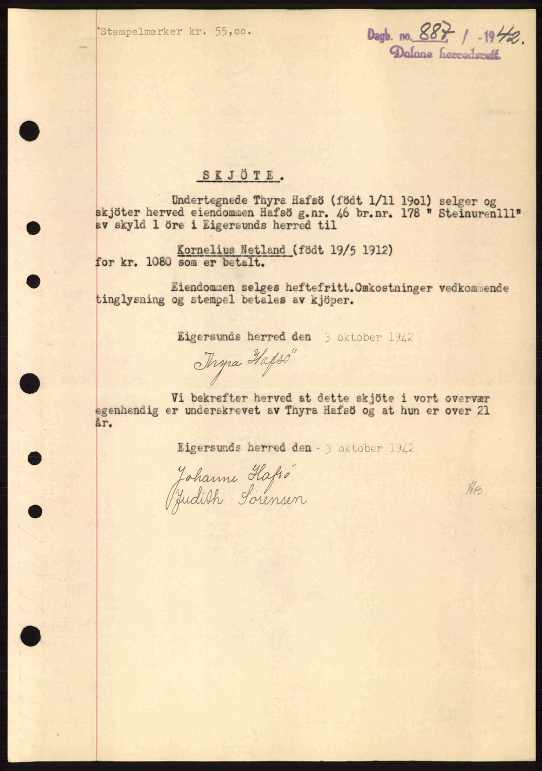 Dalane sorenskriveri, SAST/A-100309/02/G/Gb/L0046: Pantebok nr. A7, 1942-1943, Dagboknr: 887/1942