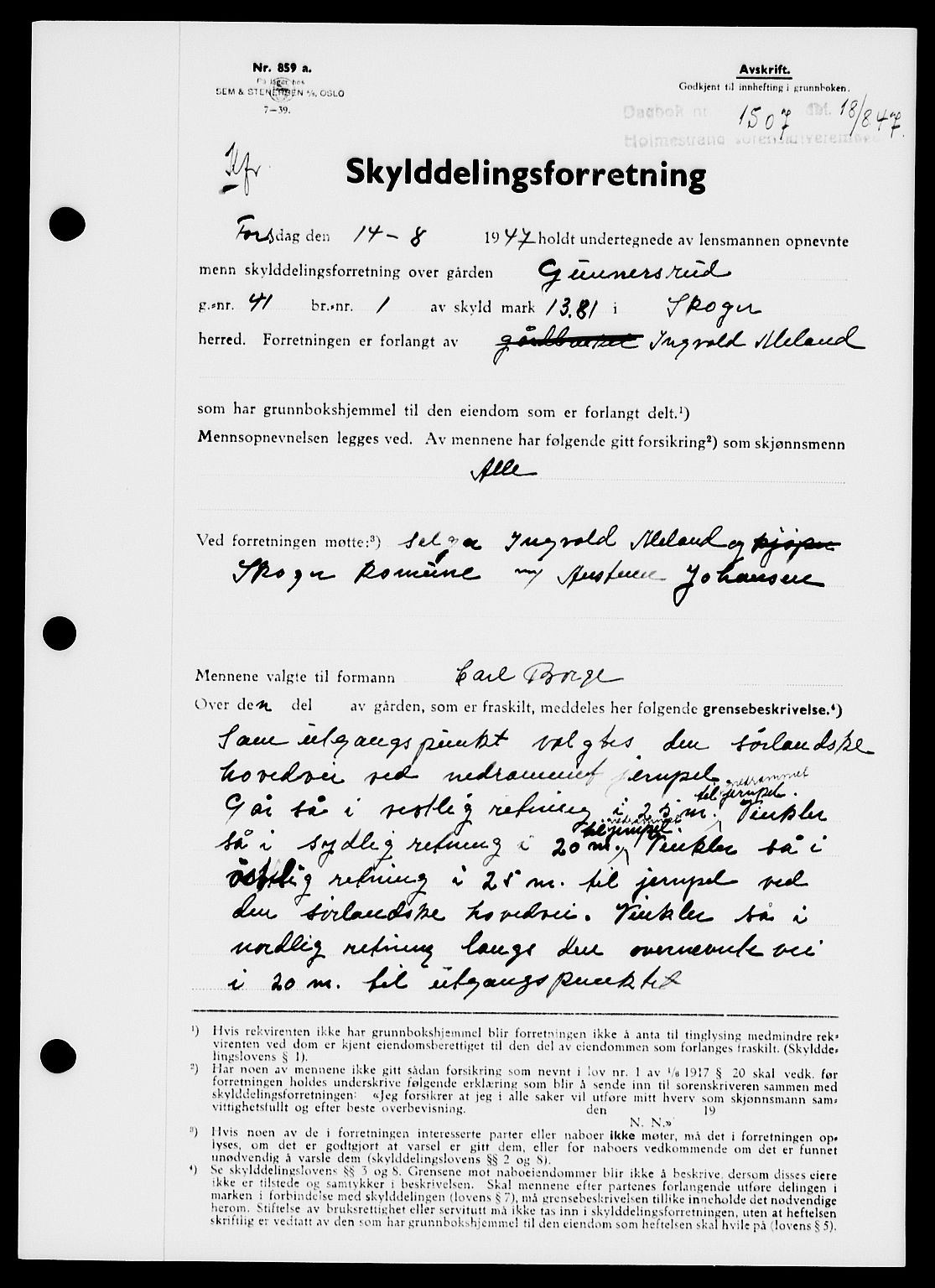 Holmestrand sorenskriveri, SAKO/A-67/G/Ga/Gaa/L0062: Pantebok nr. A-62, 1947-1947, Dagboknr: 1507/1947