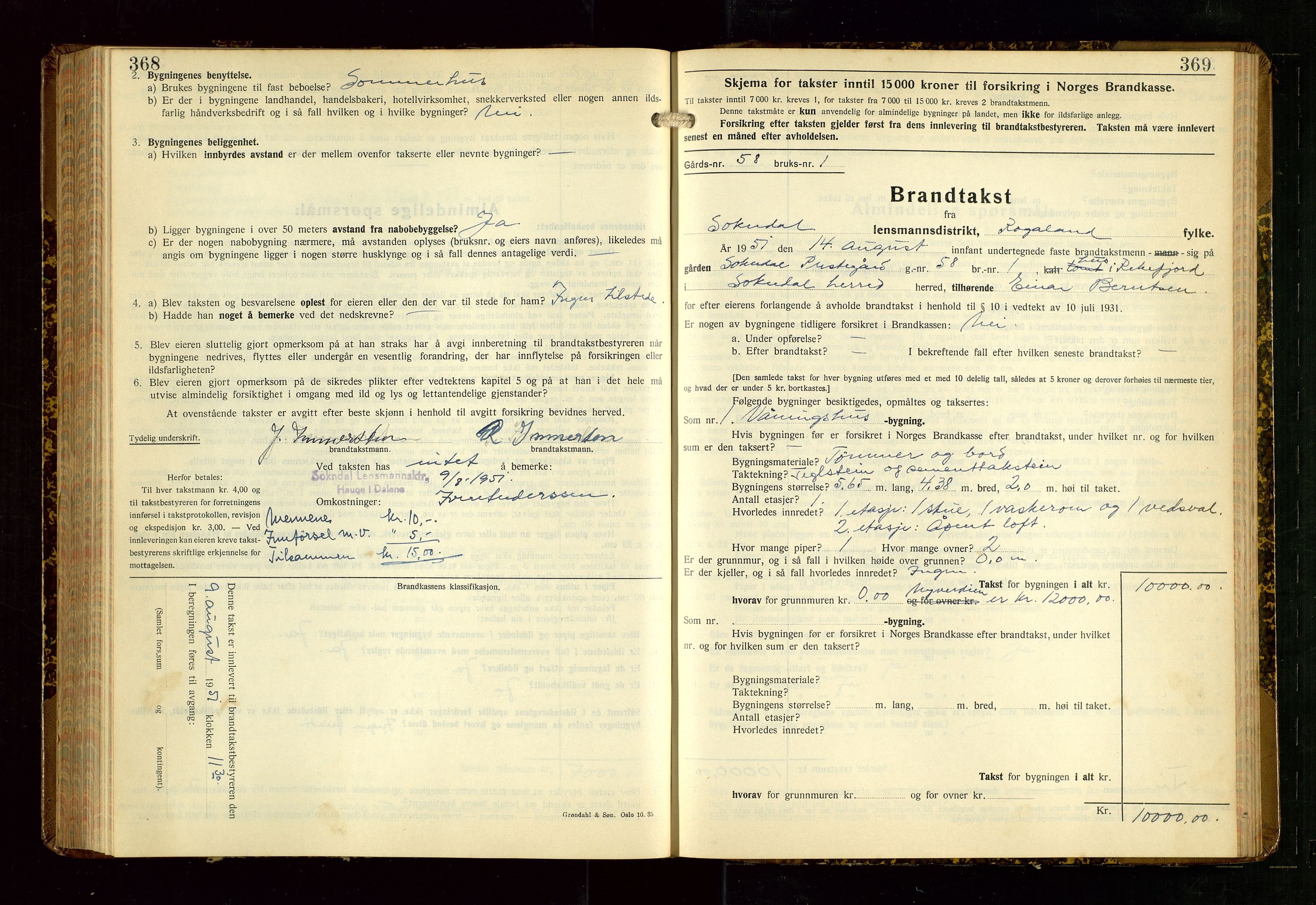 Sokndal lensmannskontor, AV/SAST-A-100417/Gob/L0008: "Brandtakst-Protokoll", 1937-1955, s. 368-369