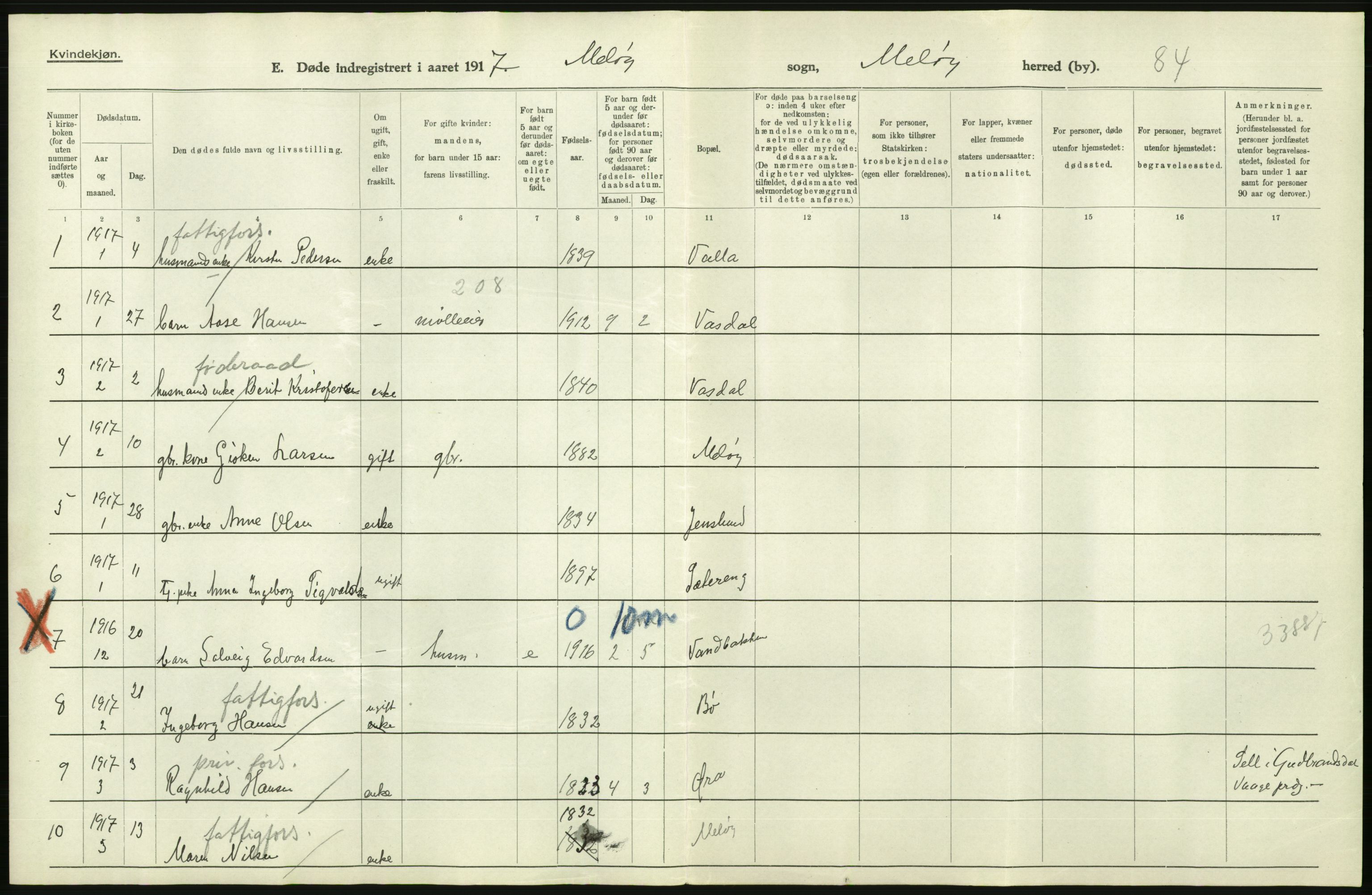 Statistisk sentralbyrå, Sosiodemografiske emner, Befolkning, AV/RA-S-2228/D/Df/Dfb/Dfbg/L0052: Nordlands amt: Døde. Bygder og byer., 1917, s. 566