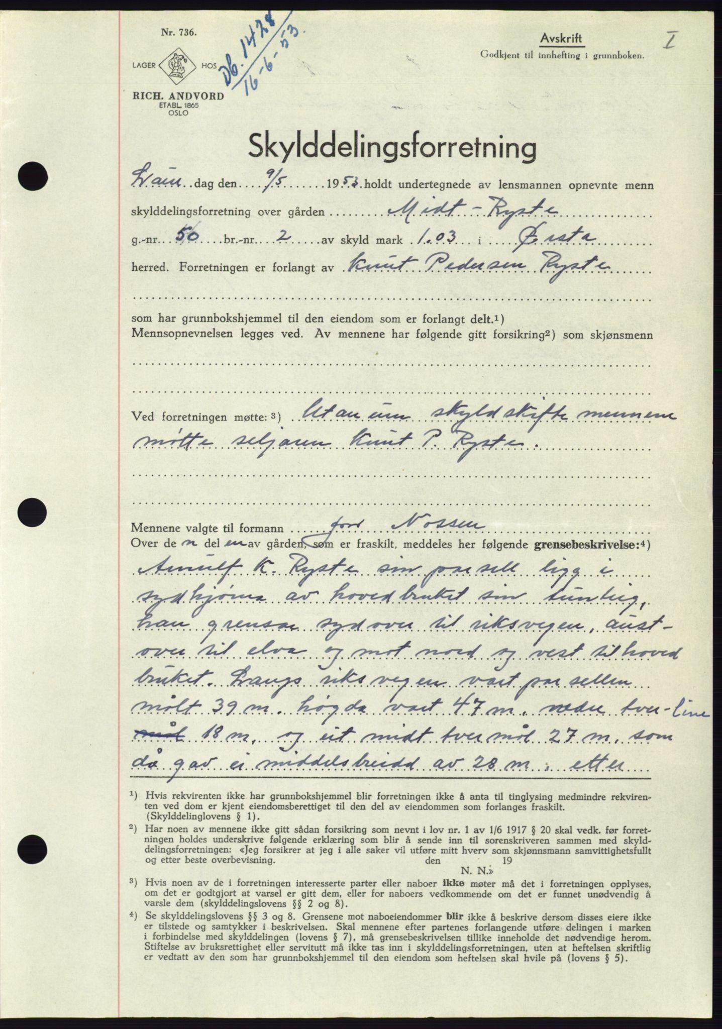 Søre Sunnmøre sorenskriveri, AV/SAT-A-4122/1/2/2C/L0095: Pantebok nr. 21A, 1953-1953, Dagboknr: 1428/1953