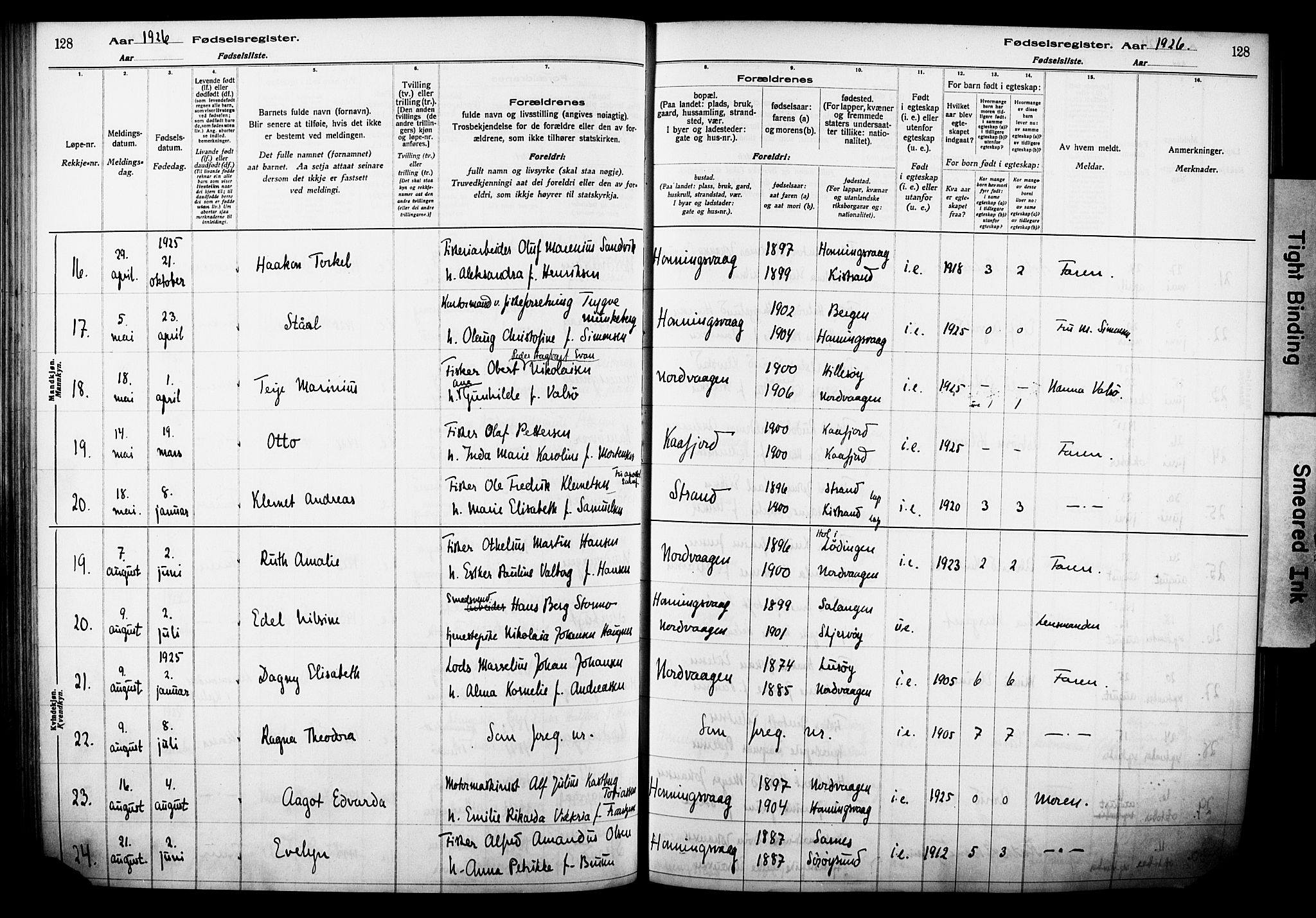 Kjelvik/Nordkapp sokneprestkontor, AV/SATØ-S-1350/I/Ia/L0015: Fødselsregister nr. 15, 1916-1930, s. 128