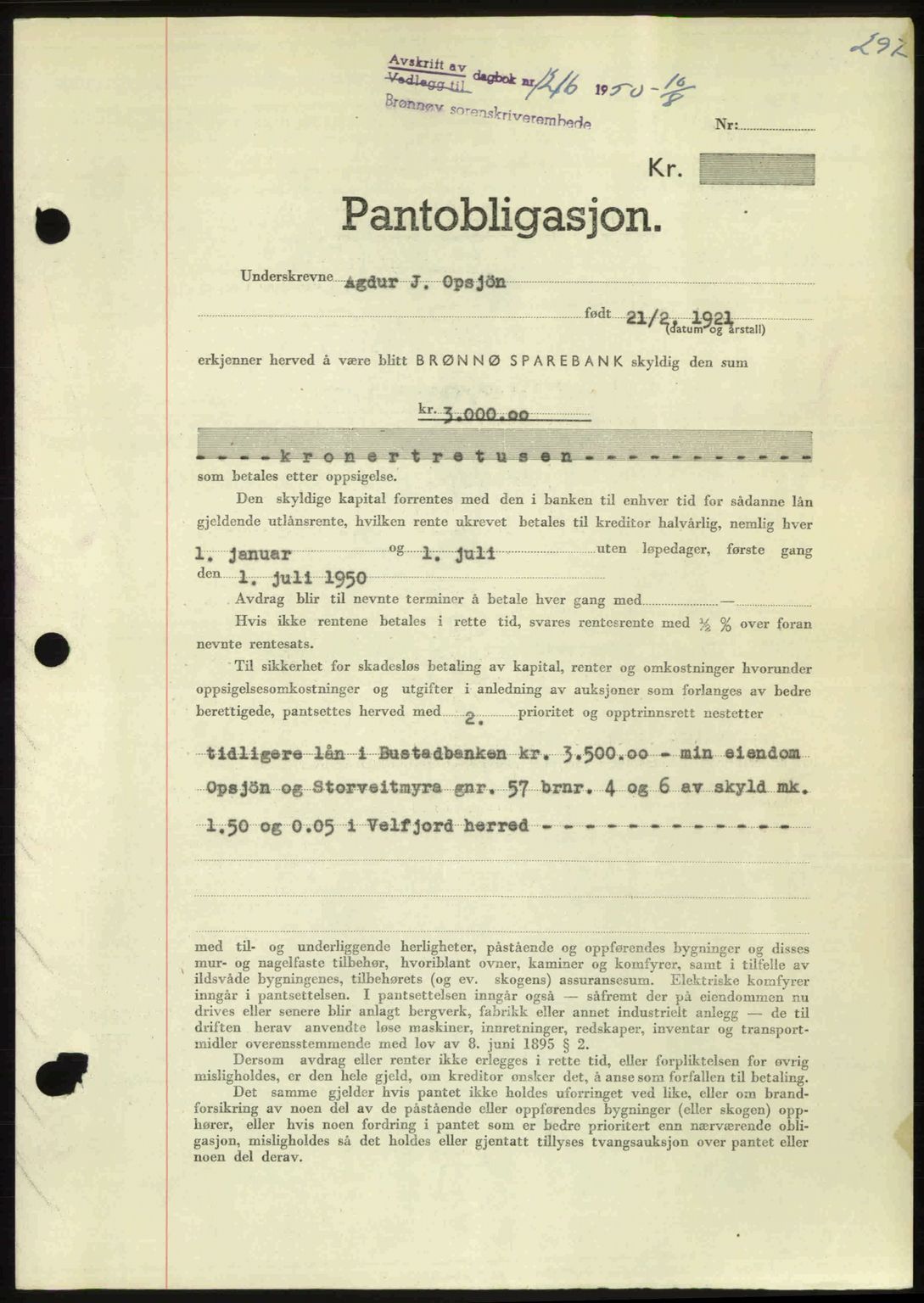 Brønnøy sorenskriveri, SAT/A-4170/1/2/2C: Pantebok nr. 36, 1950-1950, Dagboknr: 1216/1950