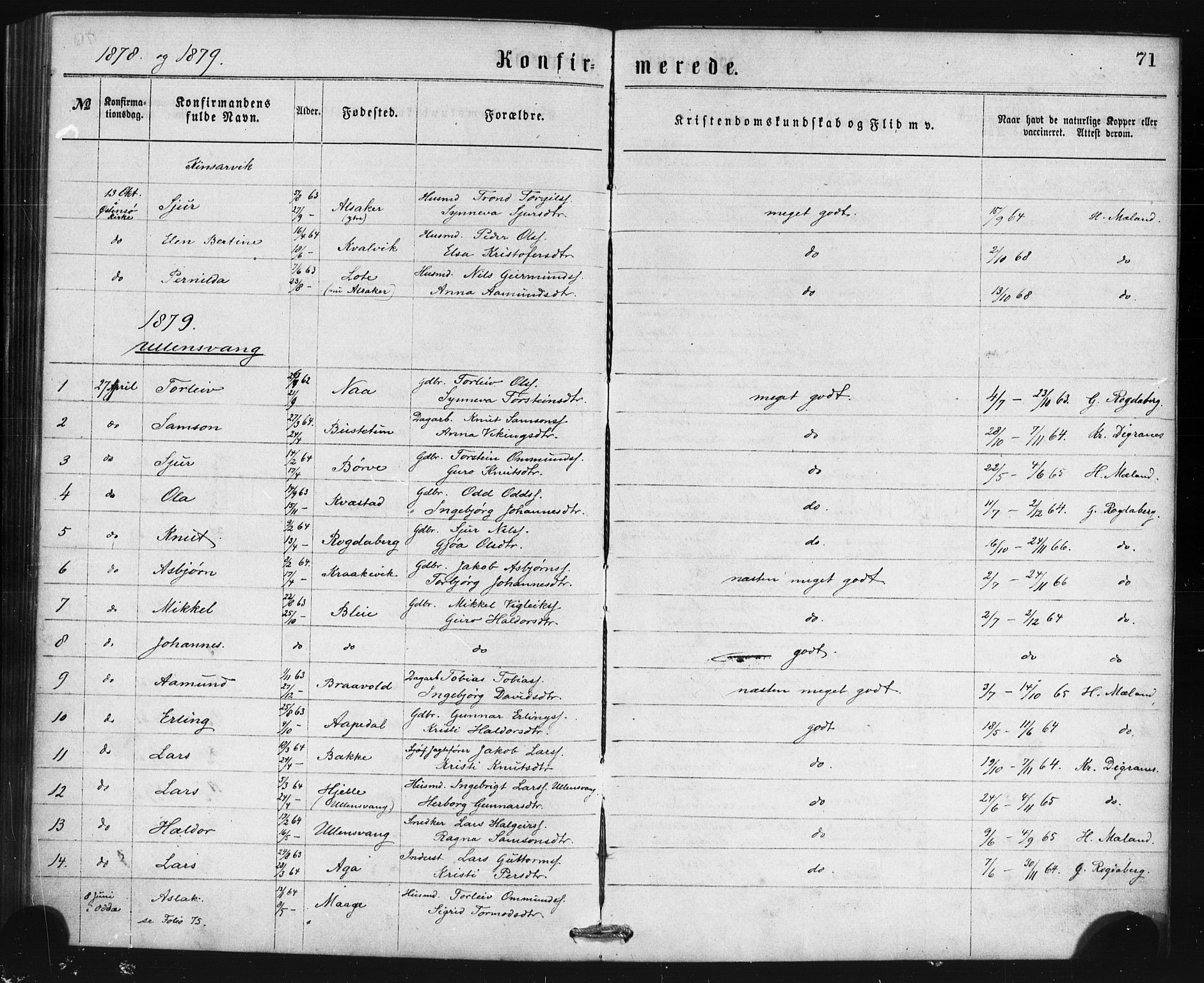 Ullensvang sokneprestembete, AV/SAB-A-78701/H/Haa: Ministerialbok nr. A 13, 1867-1879, s. 71