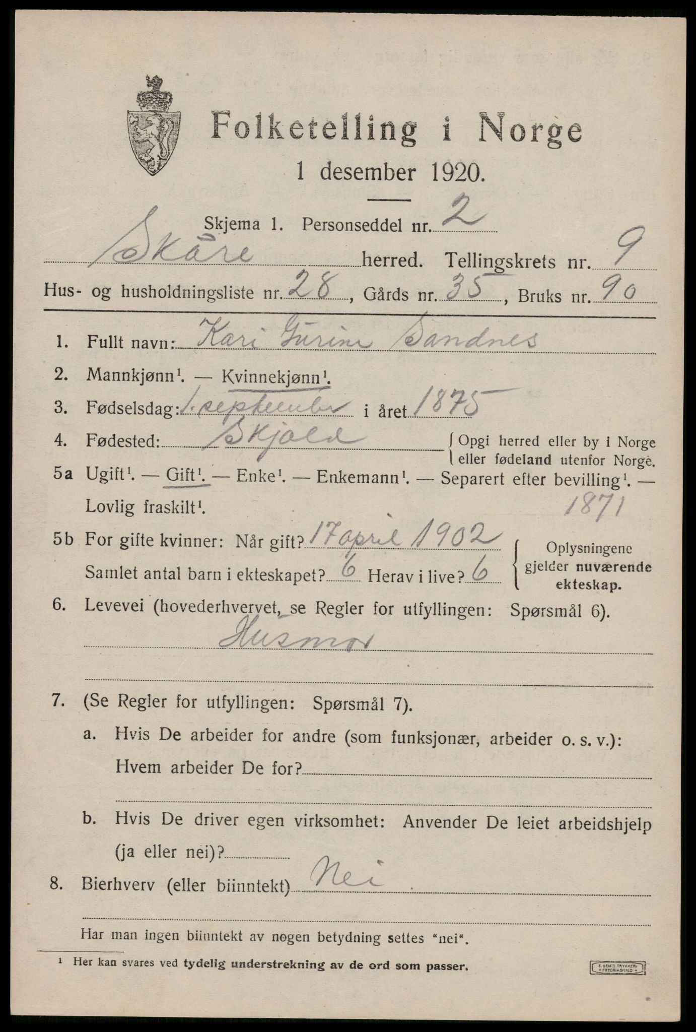 SAST, Folketelling 1920 for 1153 Skåre herred, 1920, s. 7276