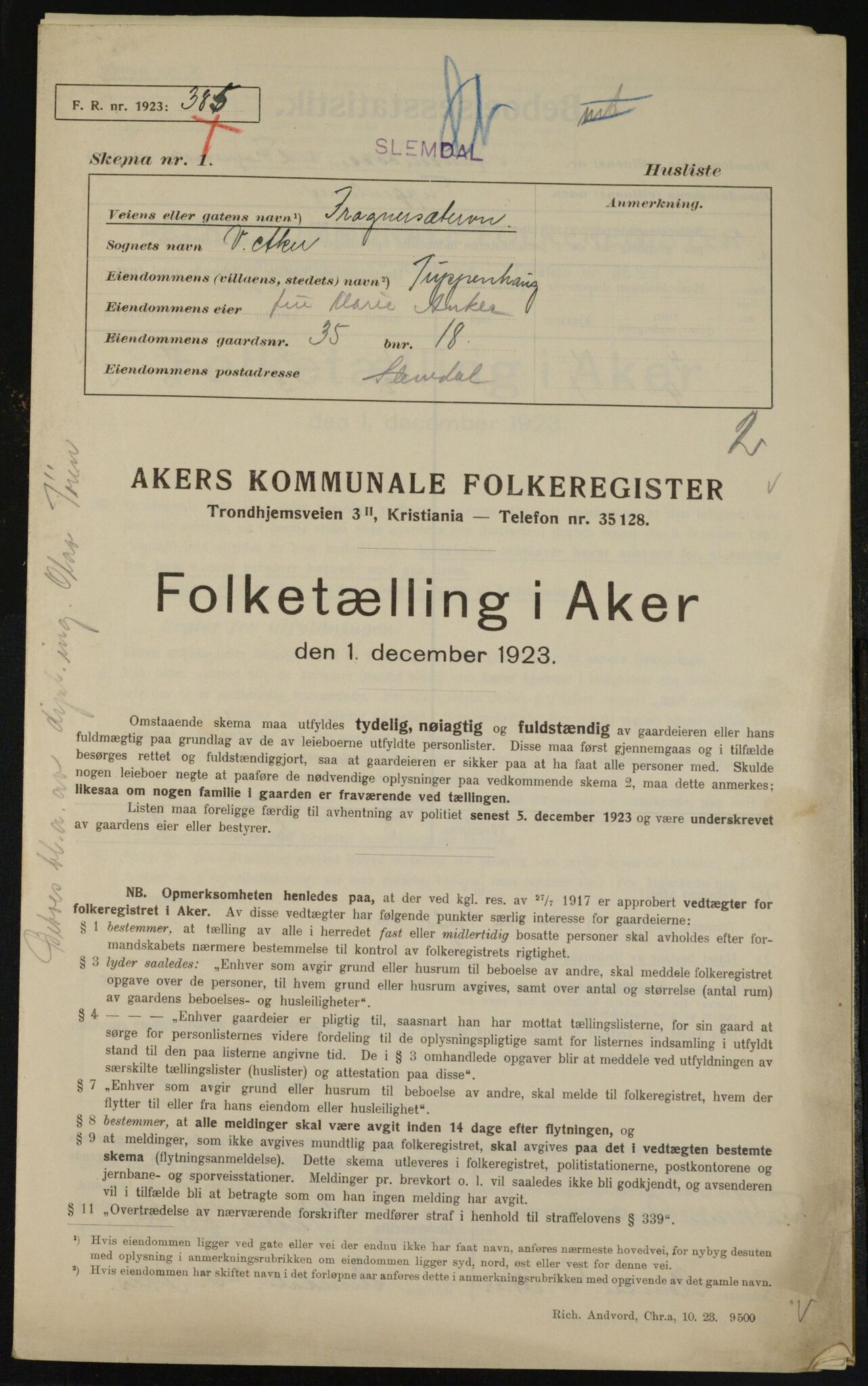 , Kommunal folketelling 1.12.1923 for Aker, 1923, s. 9652