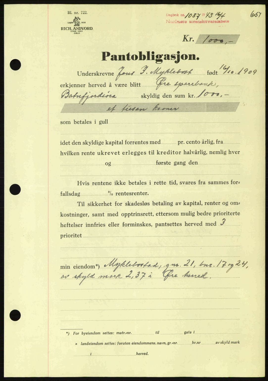 Nordmøre sorenskriveri, AV/SAT-A-4132/1/2/2Ca: Pantebok nr. B90, 1942-1943, Dagboknr: 1087/1943