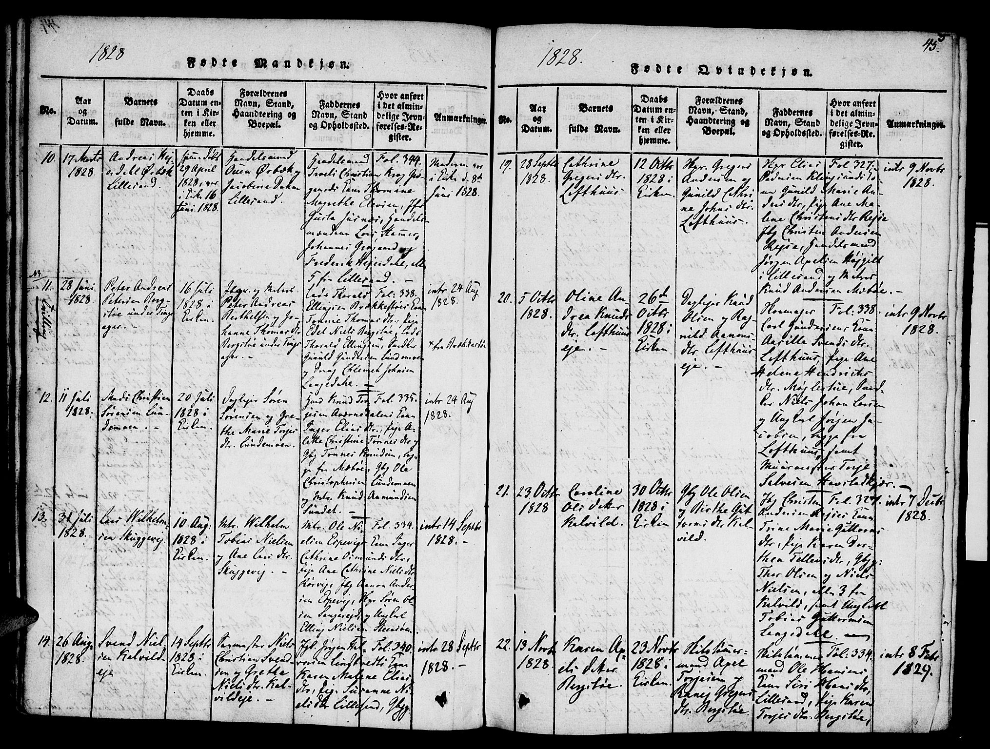 Vestre Moland sokneprestkontor, AV/SAK-1111-0046/F/Fa/Fab/L0003: Ministerialbok nr. A 3, 1816-1843, s. 45