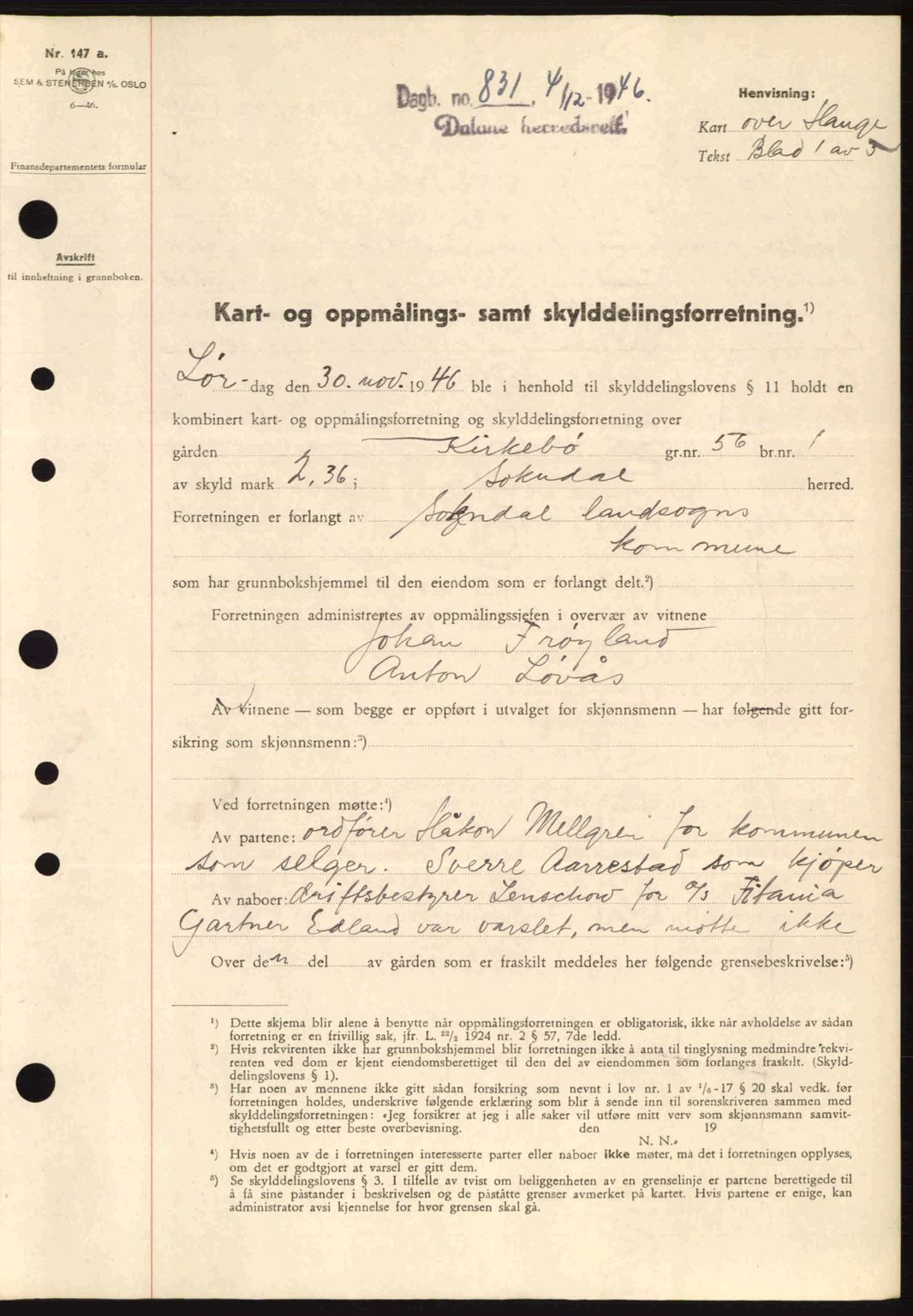 Dalane sorenskriveri, SAST/A-100309/02/G/Gb/L0049: Pantebok nr. A9, 1946-1947, Dagboknr: 831/1946