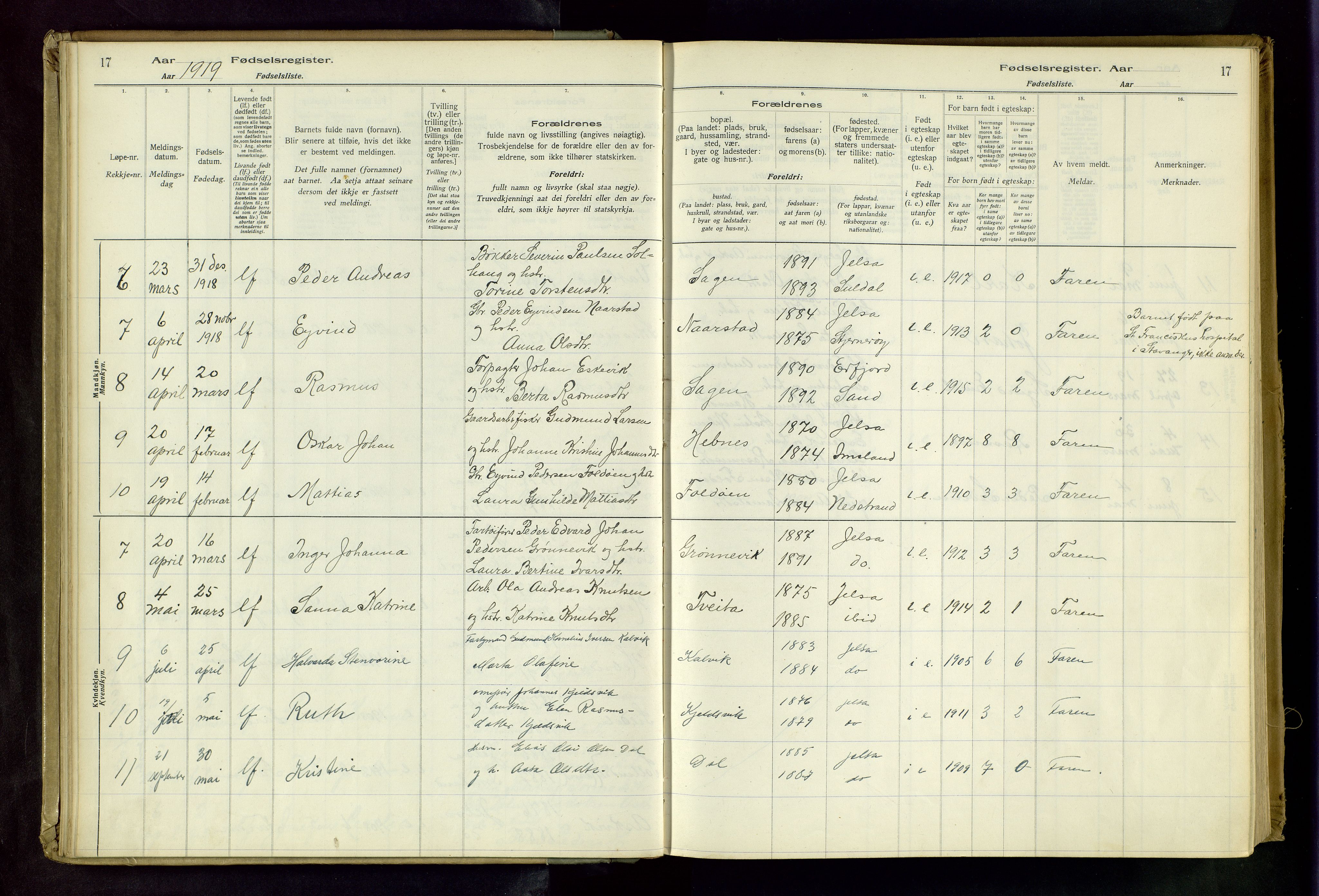 Jelsa sokneprestkontor, AV/SAST-A-101842/02/I: Fødselsregister nr. 13, 1916-1982, s. 17