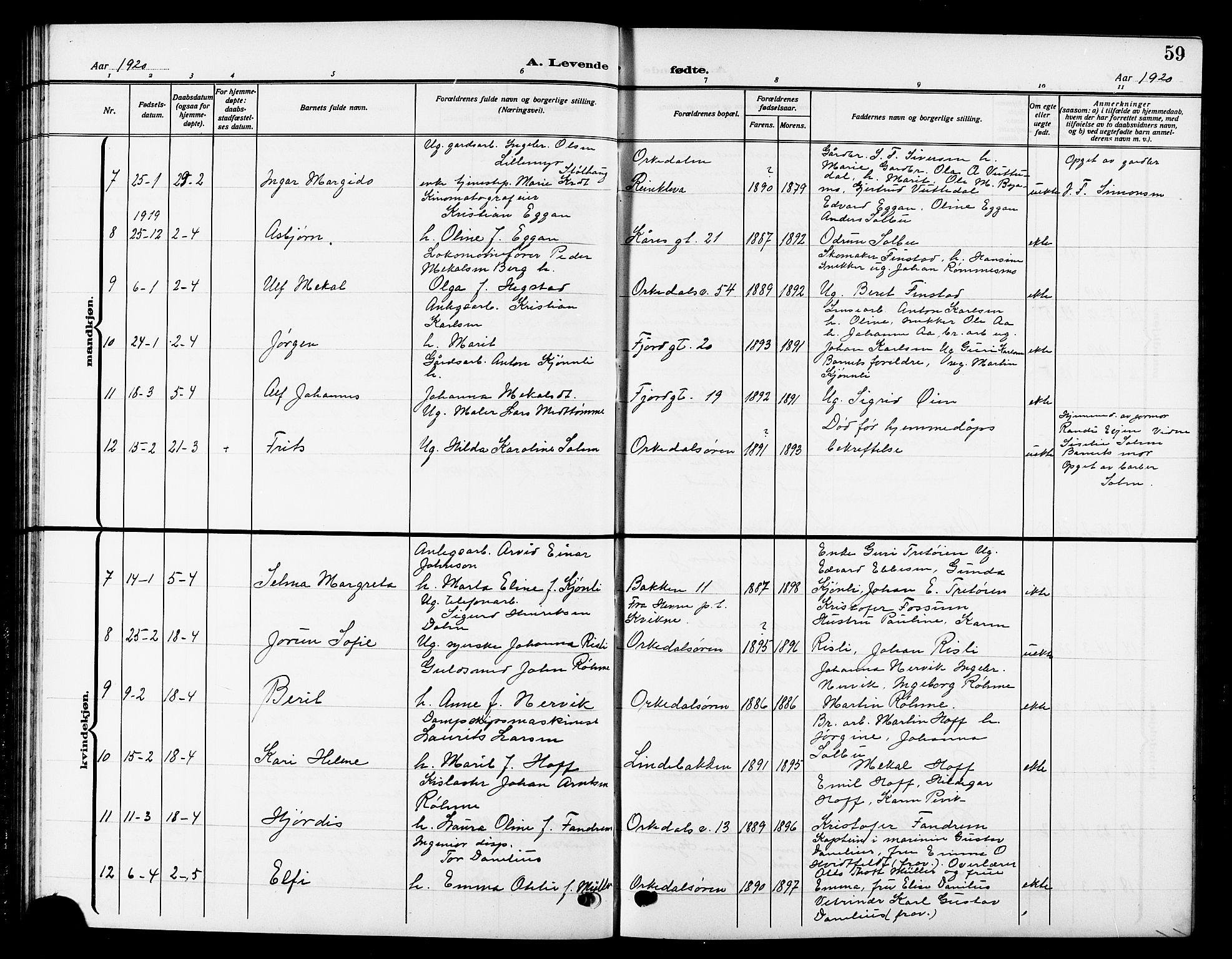 Ministerialprotokoller, klokkerbøker og fødselsregistre - Sør-Trøndelag, SAT/A-1456/669/L0831: Klokkerbok nr. 669C01, 1909-1924, s. 59